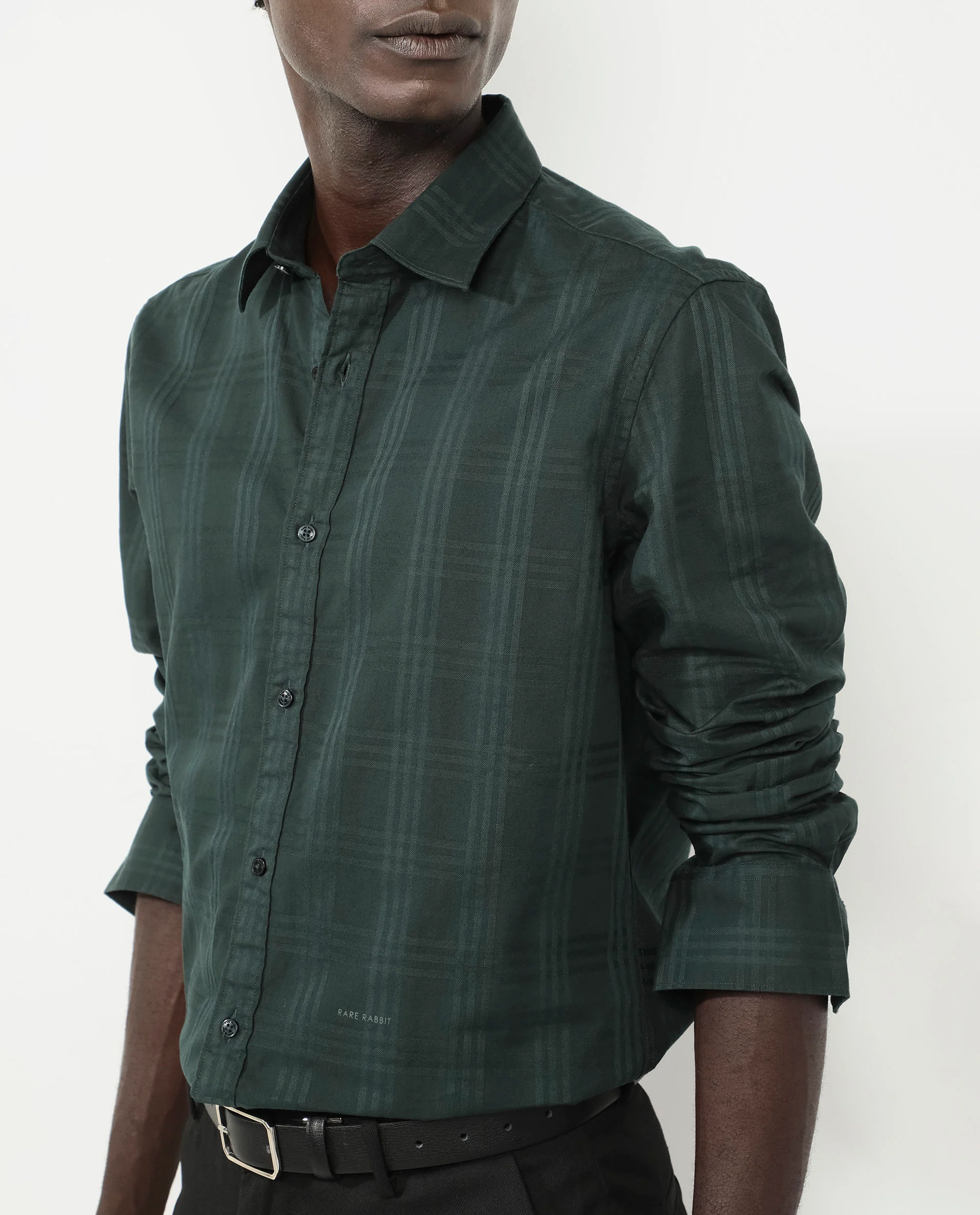 Rare Rabbit Men's Roar Dark Green Cotton Checked Print Regular Fit Full Sleeve Collared Shirt - Image 7