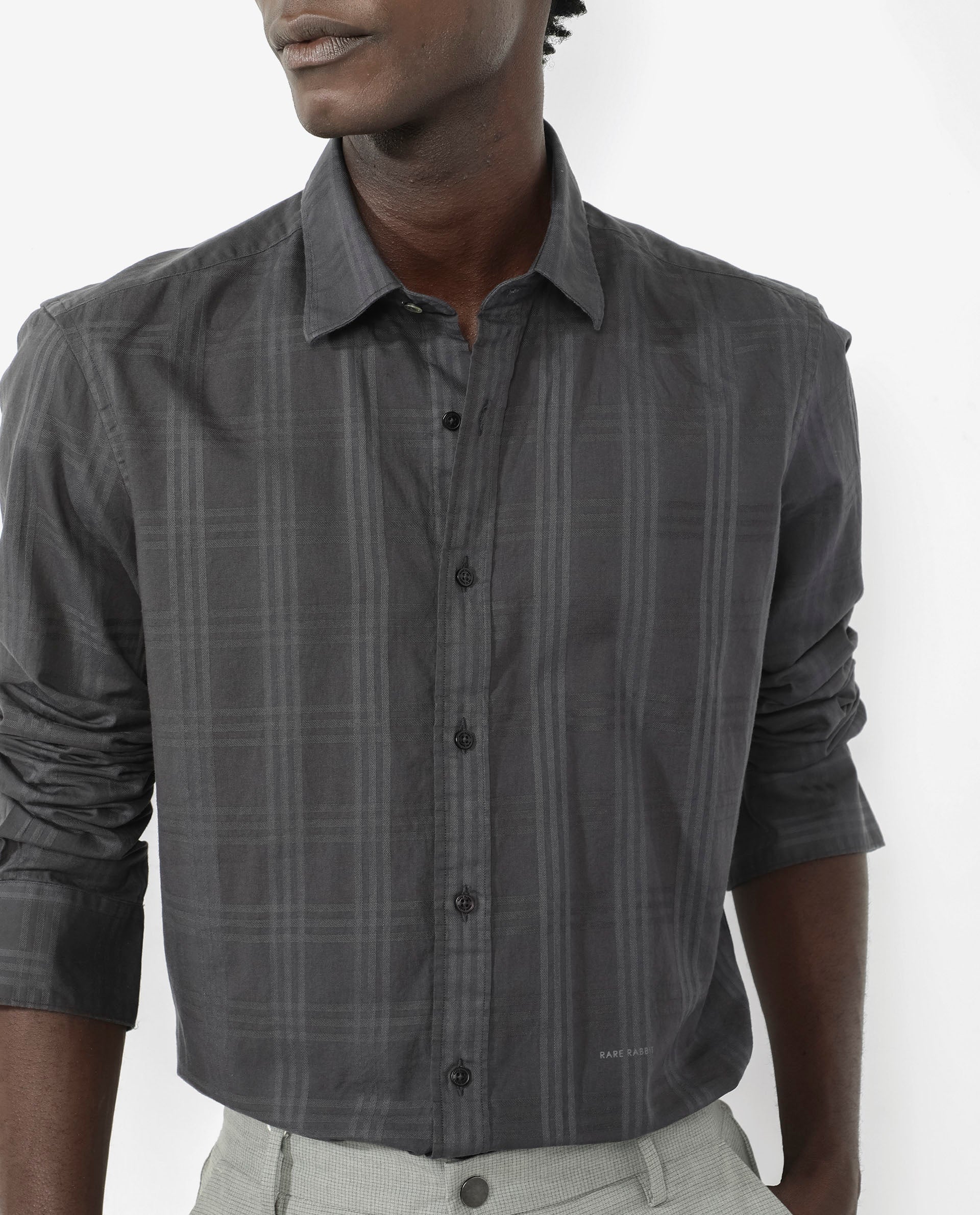 Rare Rabbit Men's Roar Dark Grey Cotton Checked Print Regular Fit Full Sleeve Spread Collar Shirt - Image 3
