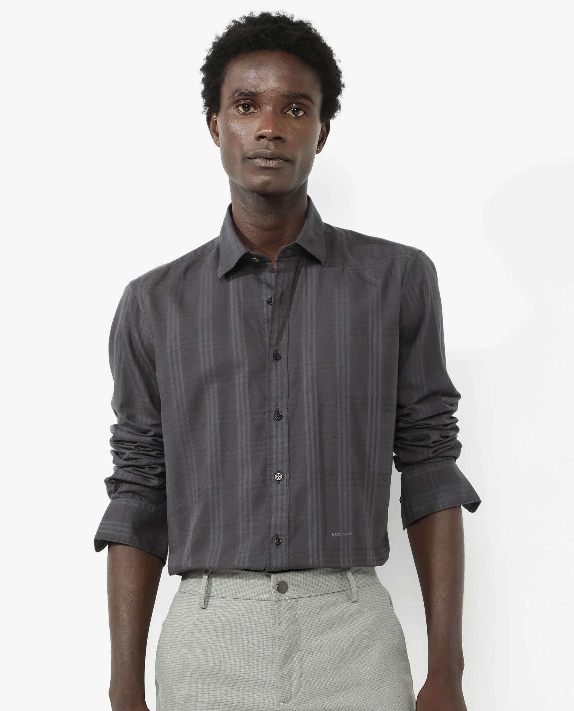 Rare Rabbit Men's Roar Dark Grey Cotton Checked Print Regular Fit Full Sleeve Spread Collar Shirt - Image 4