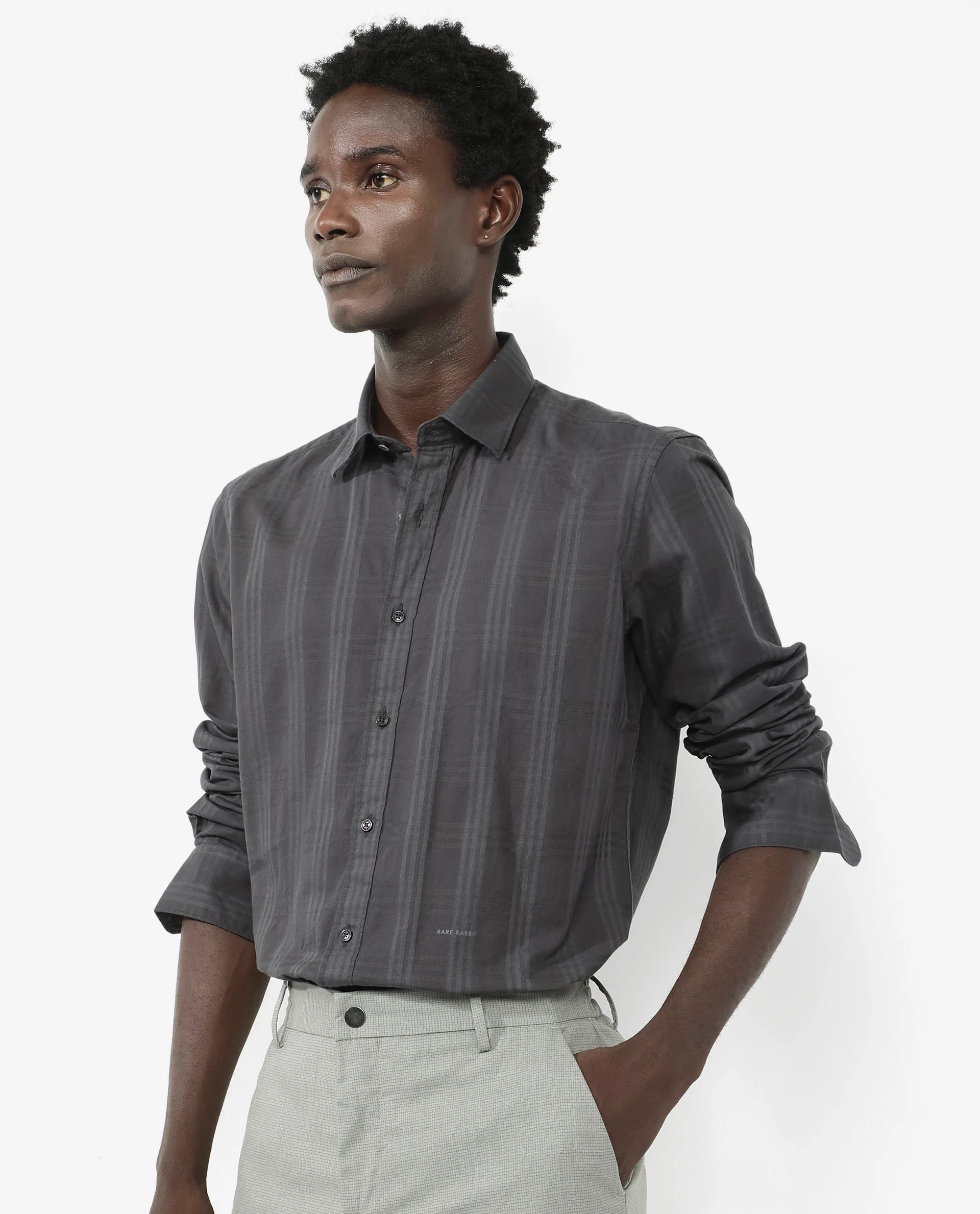 Rare Rabbit Men's Roar Dark Grey Cotton Checked Print Regular Fit Full Sleeve Spread Collar Shirt - Image 6