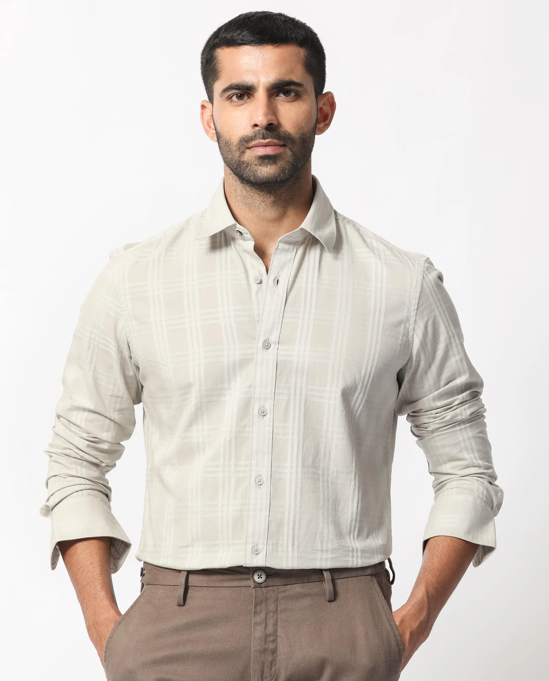 Rare Rabbit Men's Roar Light Grey Cotton Checked Print Regular Fit Full Sleeve Collared Shirt