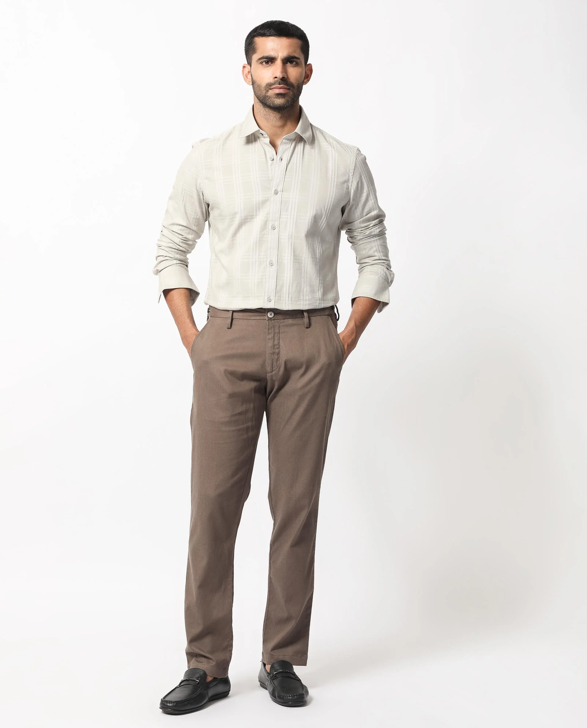 Rare Rabbit Men's Roar Light Grey Cotton Checked Print Regular Fit Full Sleeve Collared Shirt - Image 2