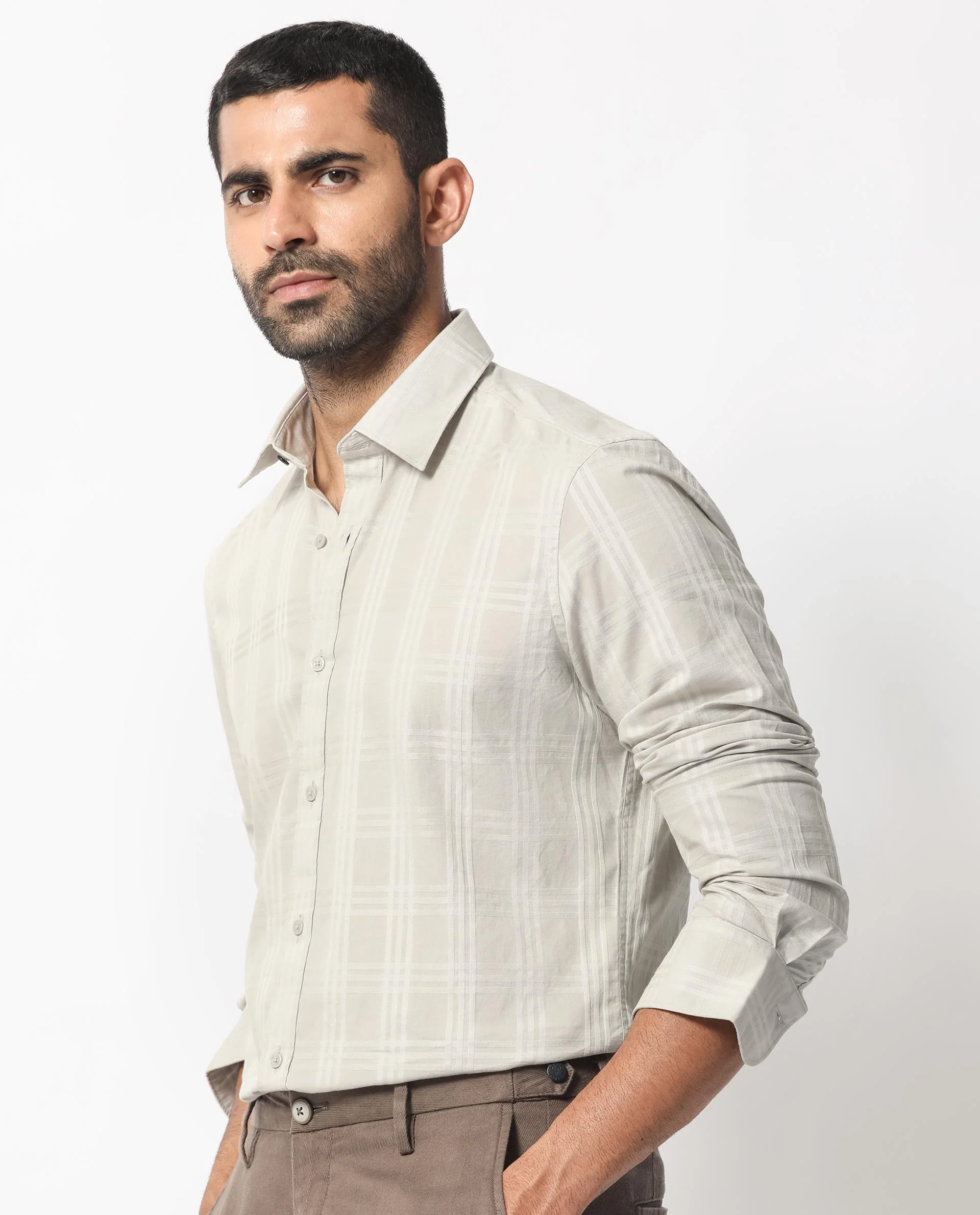Rare Rabbit Men's Roar Light Grey Cotton Checked Print Regular Fit Full Sleeve Collared Shirt - Image 3