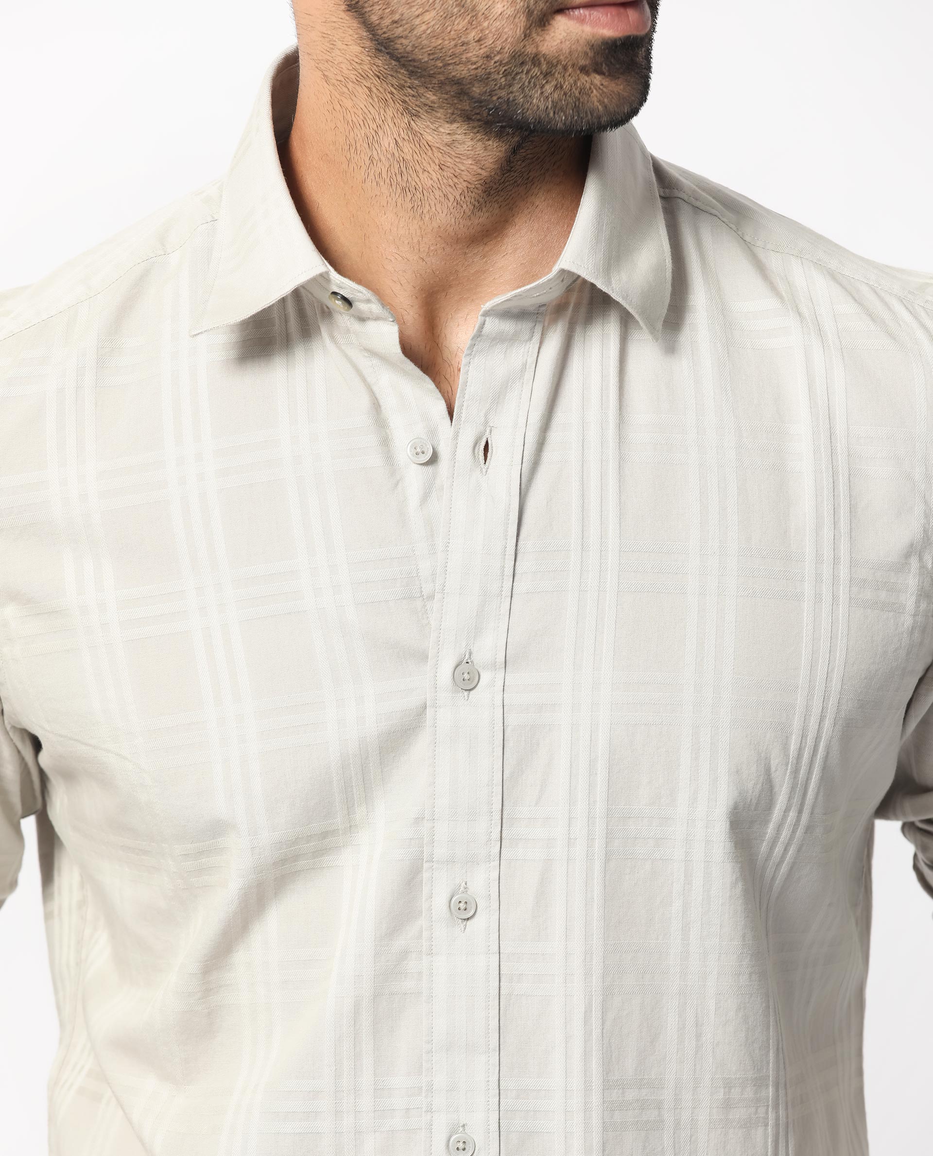 Rare Rabbit Men's Roar Light Grey Cotton Checked Print Regular Fit Full Sleeve Collared Shirt - Image 4