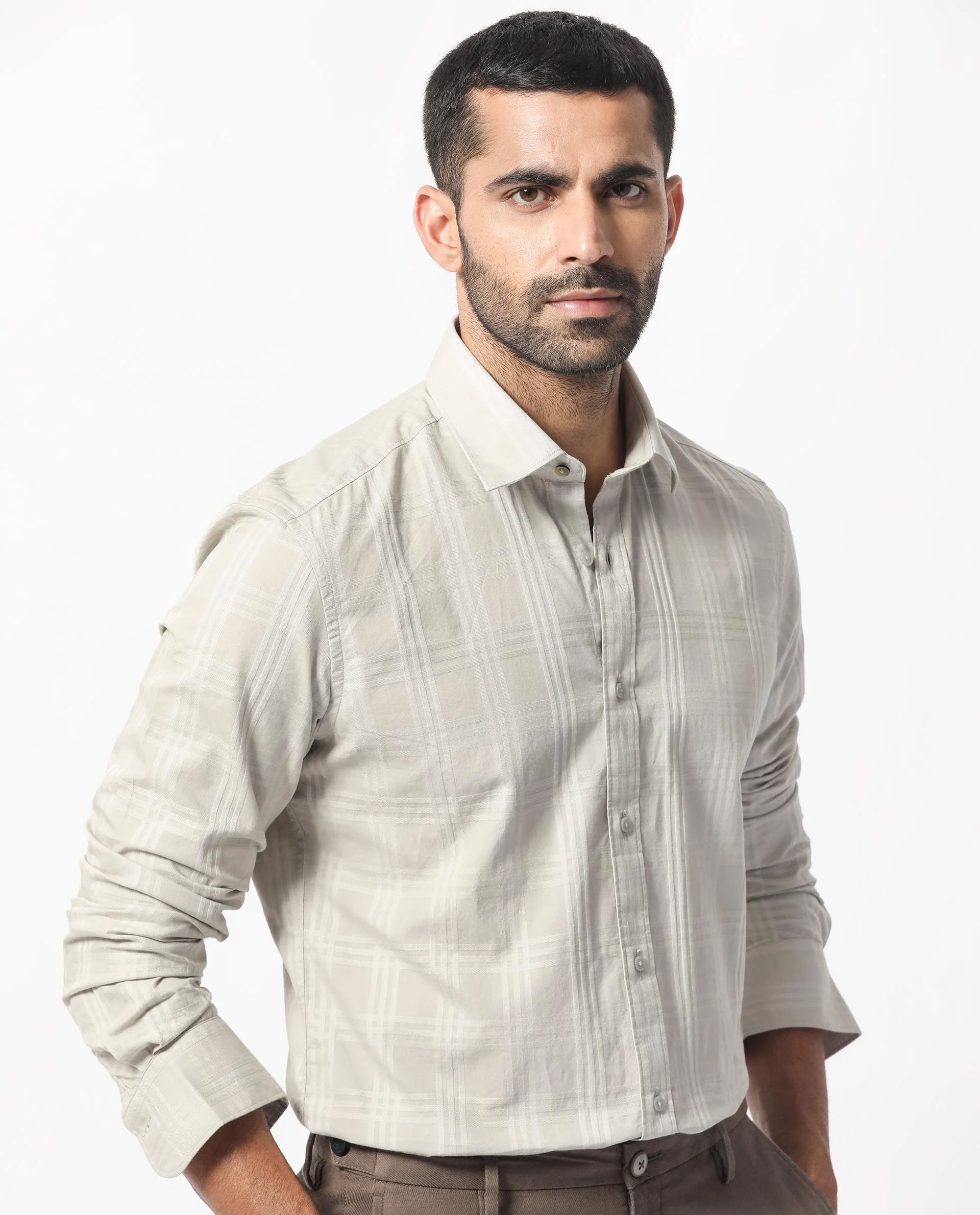 Rare Rabbit Men's Roar Light Grey Cotton Checked Print Regular Fit Full Sleeve Collared Shirt - Image 5