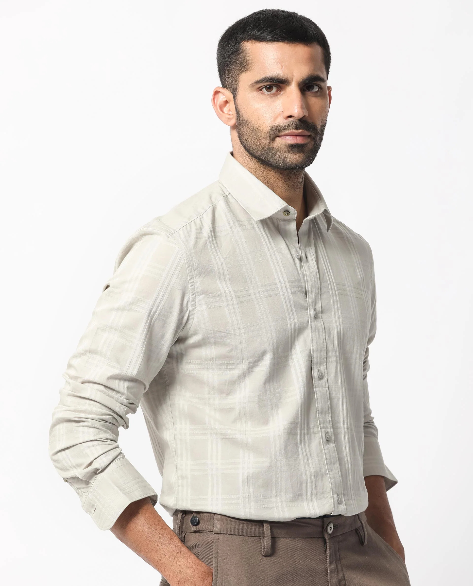 Rare Rabbit Men's Roar Light Grey Cotton Checked Print Regular Fit Full Sleeve Collared Shirt - Image 7