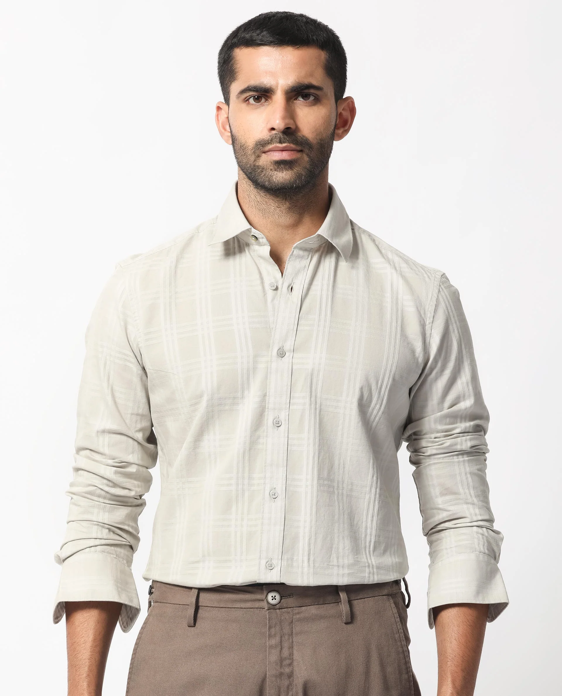 Rare Rabbit Men's Roar Light Grey Cotton Checked Print Regular Fit Full Sleeve Collared Shirt - Image 8