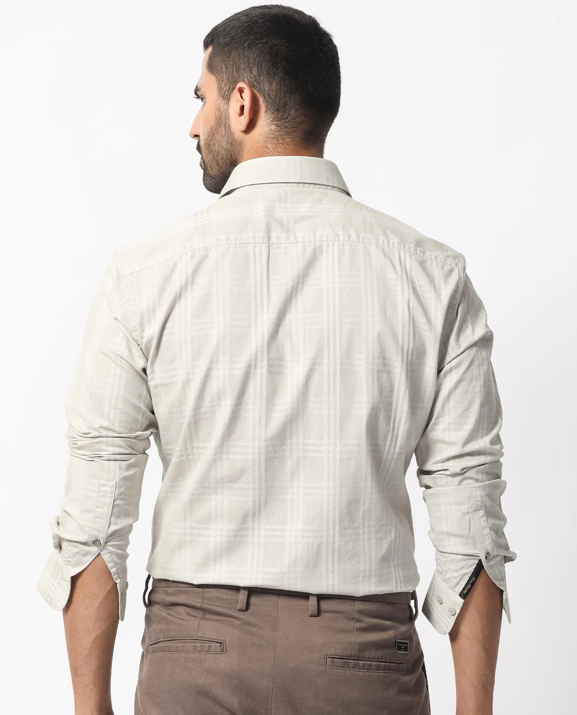 Rare Rabbit Men's Roar Light Grey Cotton Checked Print Regular Fit Full Sleeve Collared Shirt - Image 9