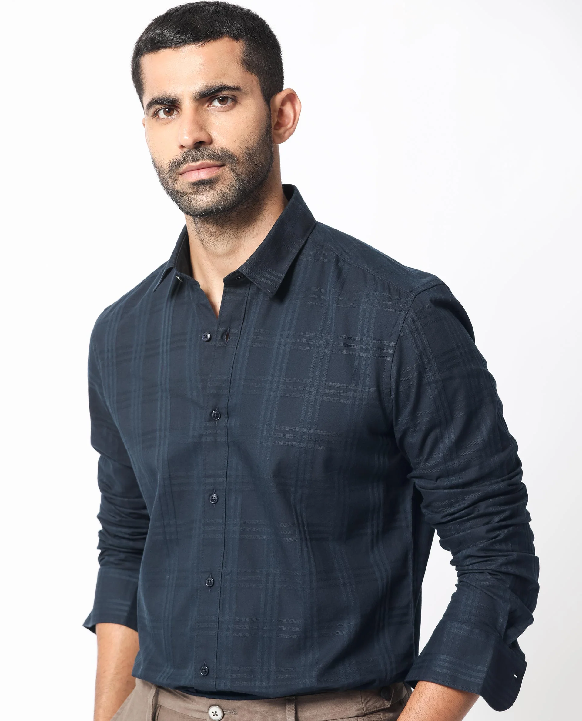 Rare Rabbit Men's Roar Navy Cotton Checked Print Regular Fit Full Sleeve Collared Shirt