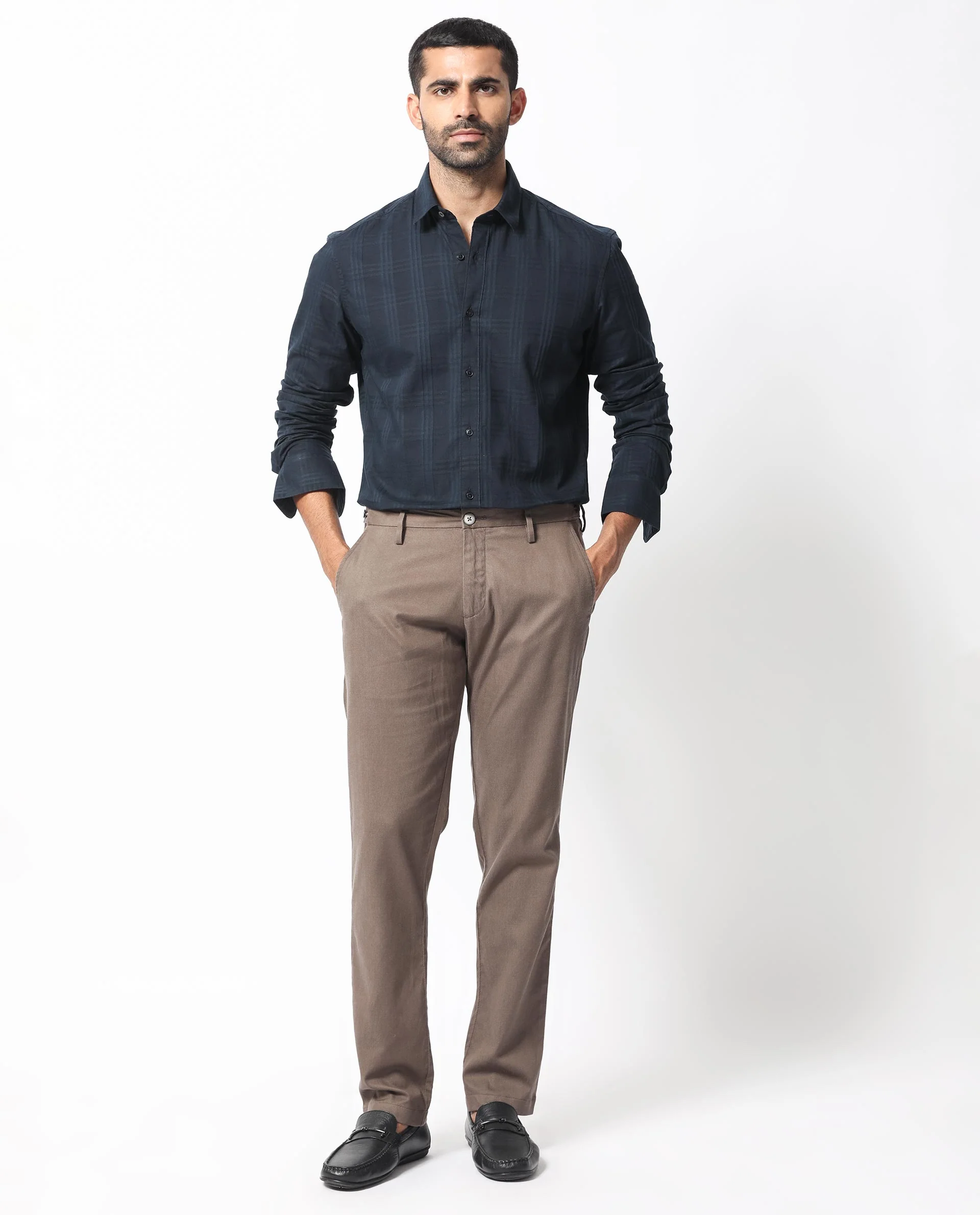 Rare Rabbit Men's Roar Navy Cotton Checked Print Regular Fit Full Sleeve Collared Shirt - Image 2
