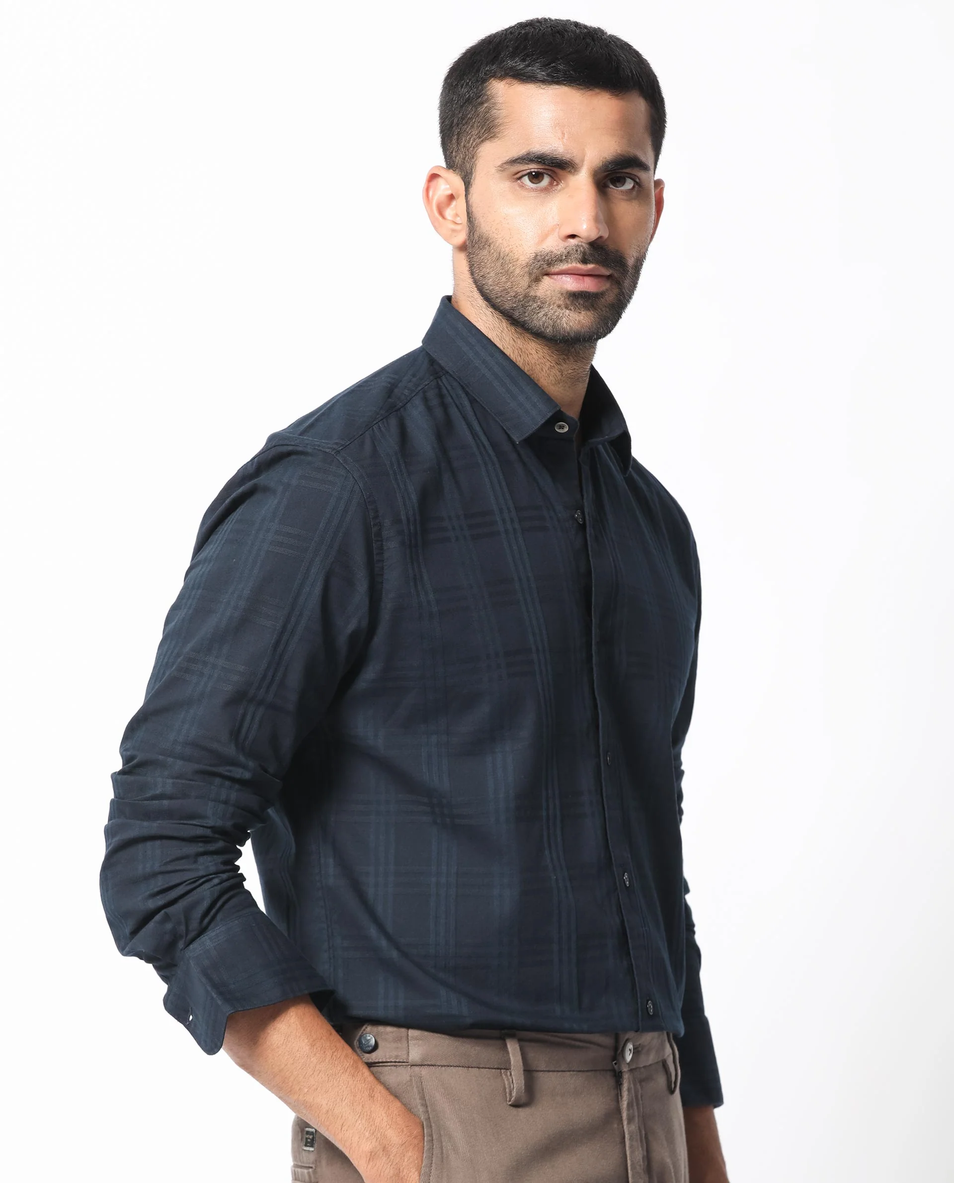 Rare Rabbit Men's Roar Navy Cotton Checked Print Regular Fit Full Sleeve Collared Shirt - Image 3