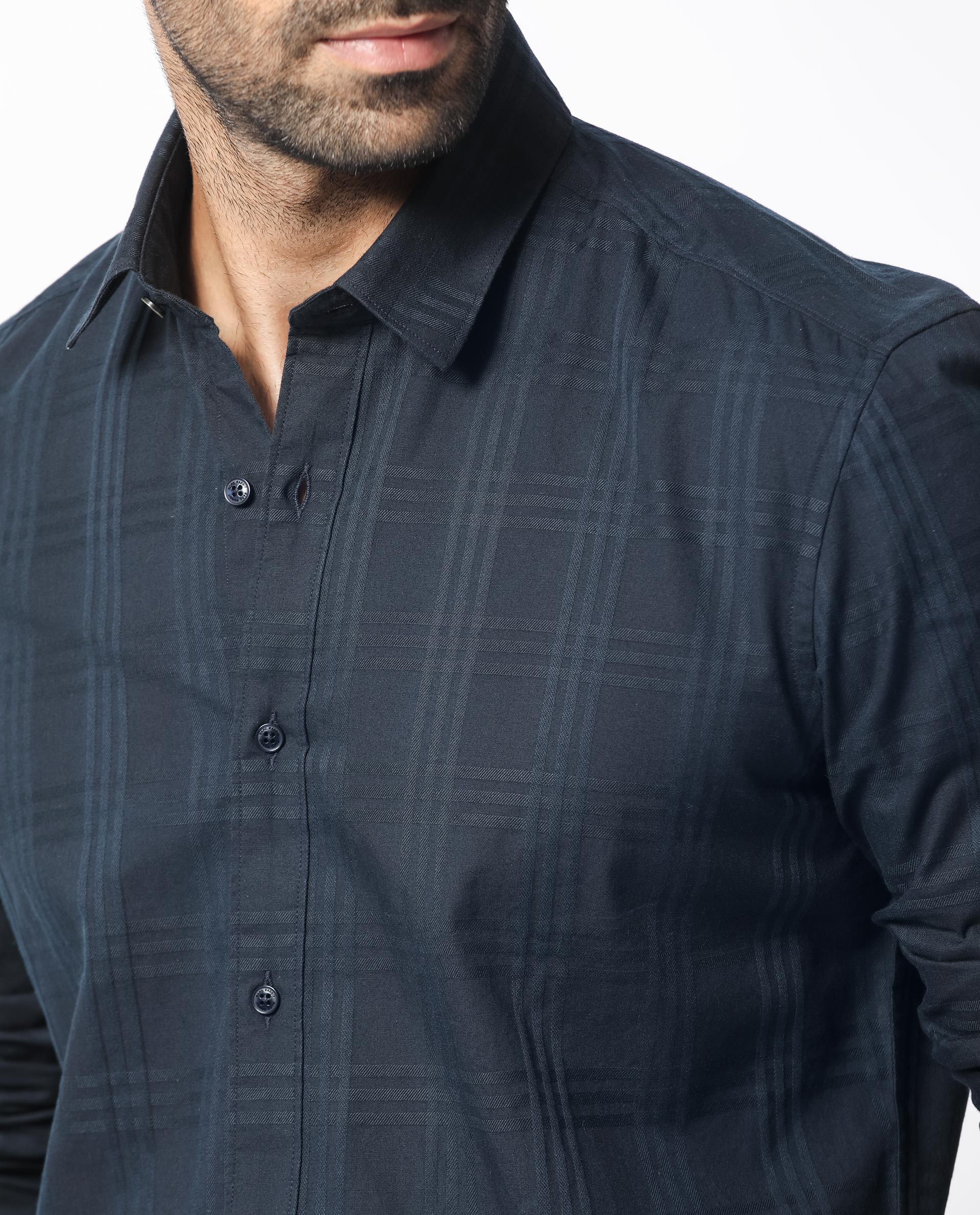 Rare Rabbit Men's Roar Navy Cotton Checked Print Regular Fit Full Sleeve Collared Shirt - Image 4