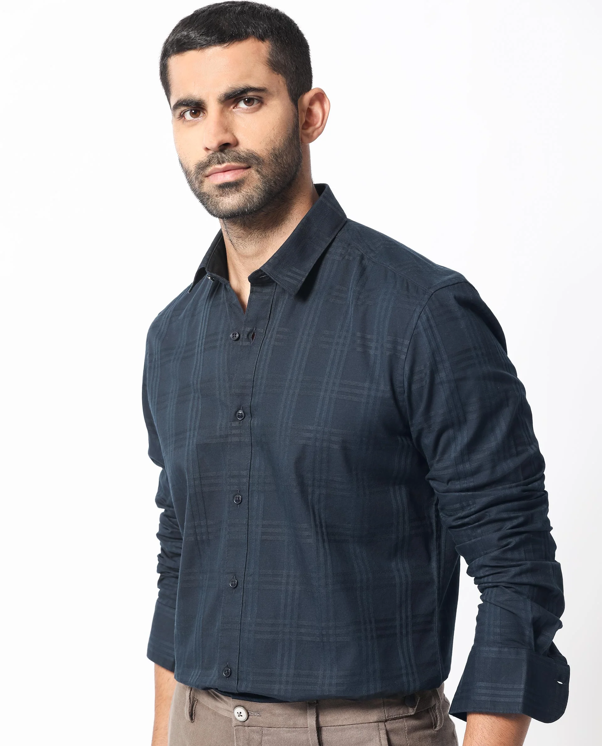 Rare Rabbit Men's Roar Navy Cotton Checked Print Regular Fit Full Sleeve Collared Shirt - Image 7