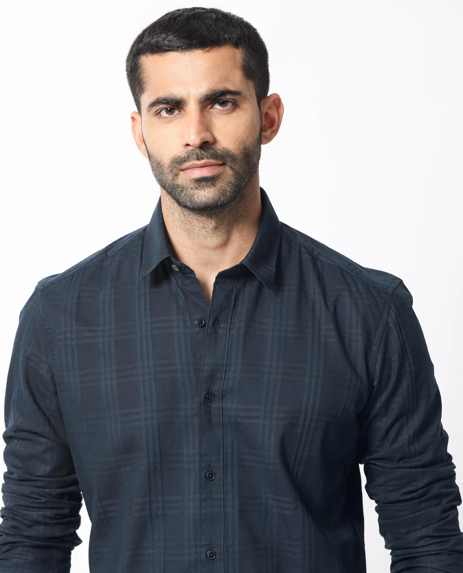 Rare Rabbit Men's Roar Navy Cotton Checked Print Regular Fit Full Sleeve Collared Shirt - Image 8