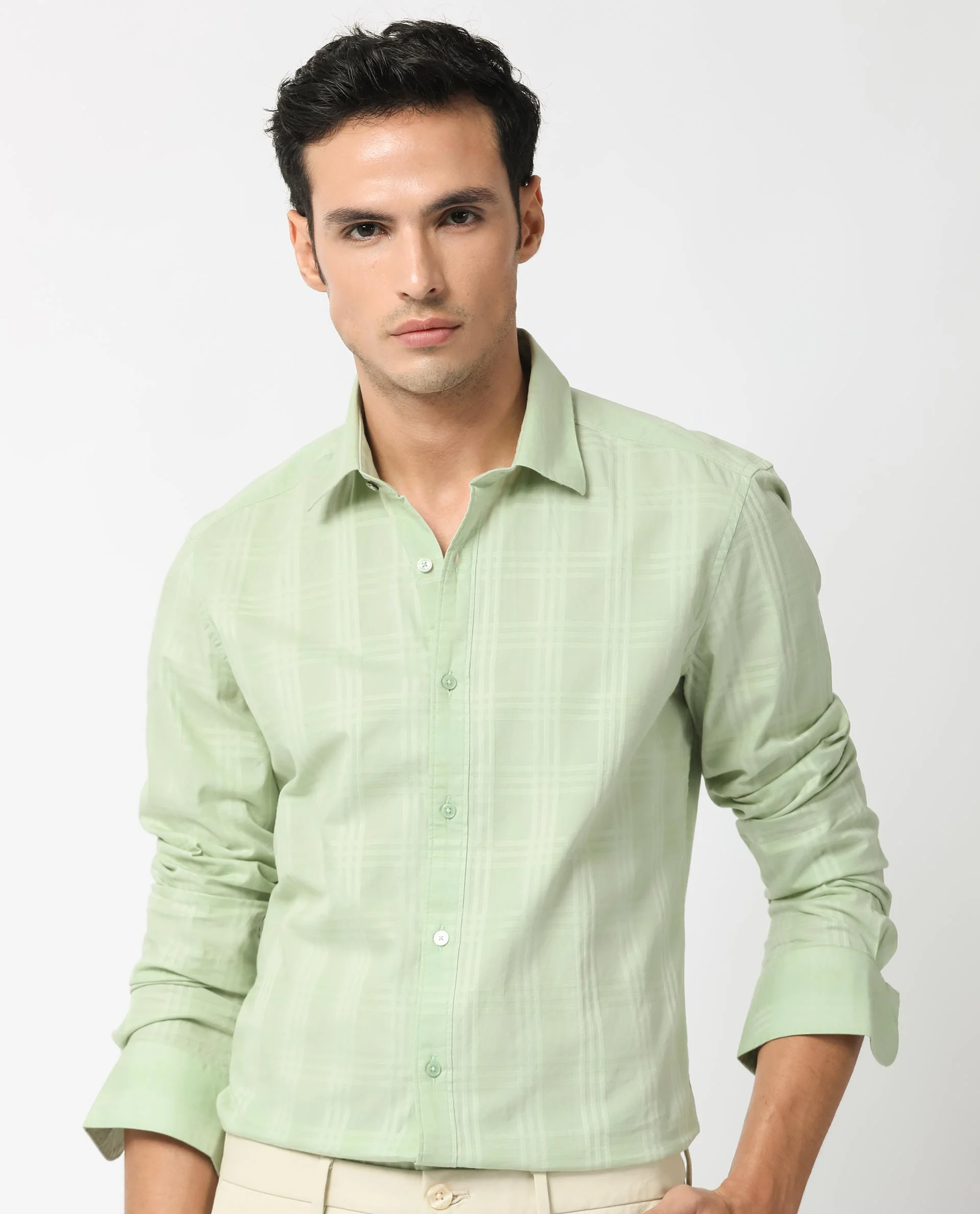 Rare Rabbit Men's Roar Pastel Green Cotton Checked Print Regular Fit Full Sleeve Collared Shirt - Image 2