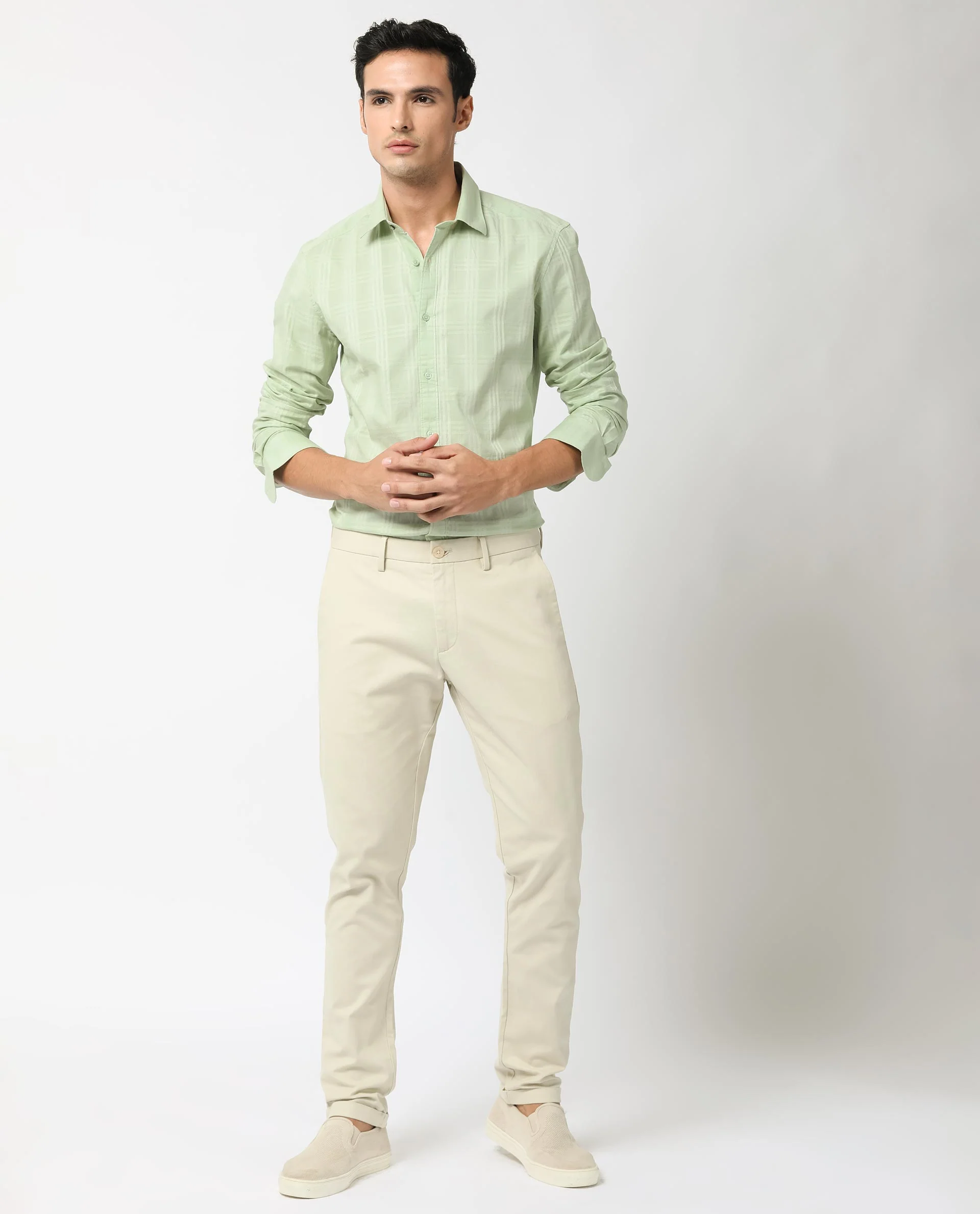 Rare Rabbit Men's Roar Pastel Green Cotton Checked Print Regular Fit Full Sleeve Collared Shirt - Image 3