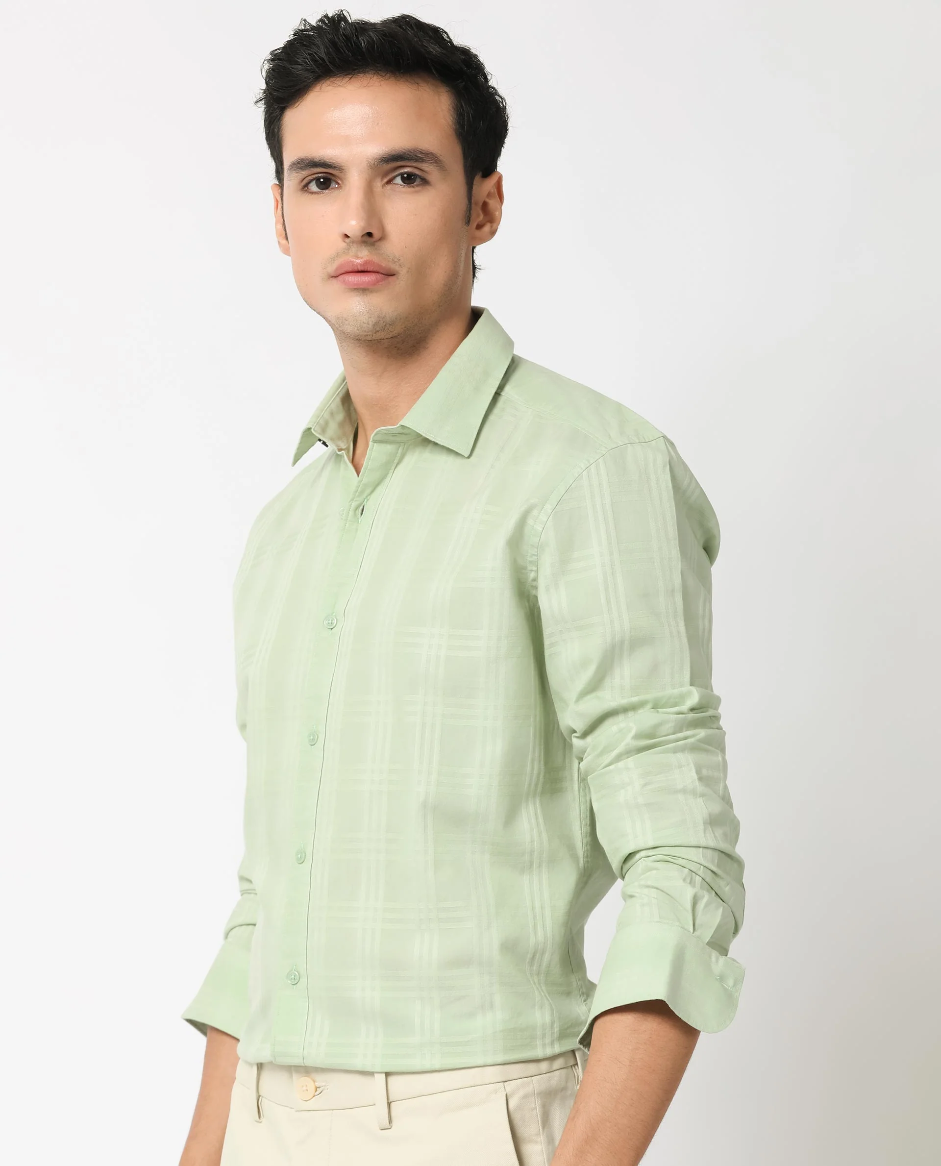 Rare Rabbit Men's Roar Pastel Green Cotton Checked Print Regular Fit Full Sleeve Collared Shirt - Image 4