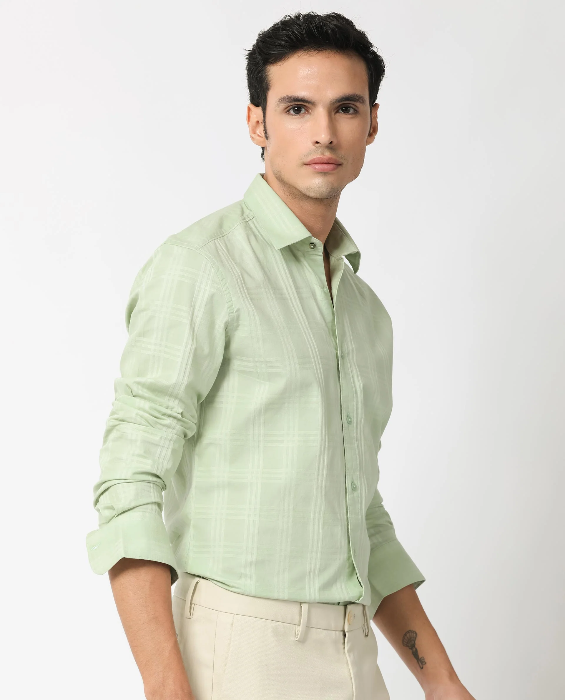 Rare Rabbit Men's Roar Pastel Green Cotton Checked Print Regular Fit Full Sleeve Collared Shirt - Image 8