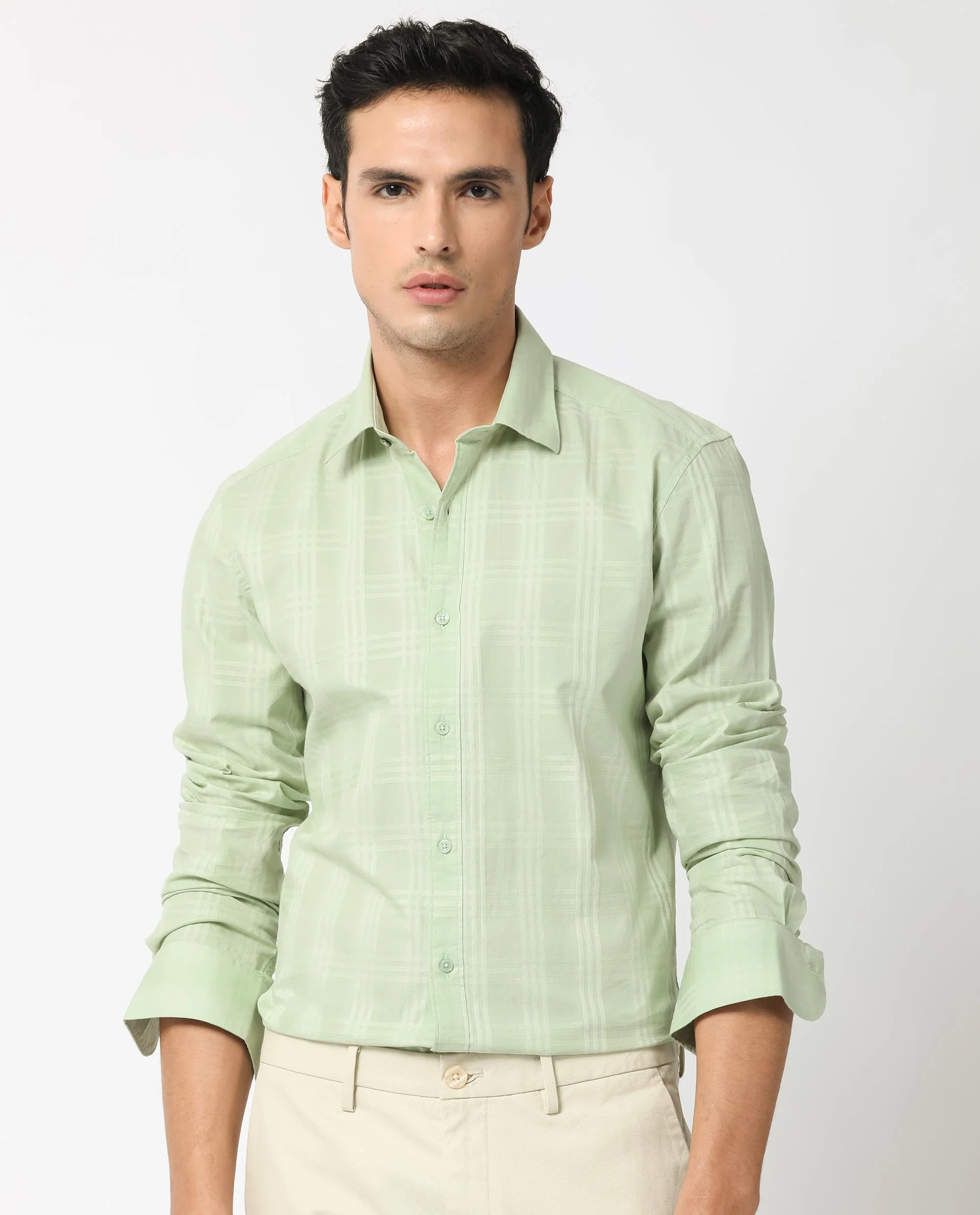 Rare Rabbit Men's Roar Pastel Green Cotton Checked Print Regular Fit Full Sleeve Collared Shirt - Image 9