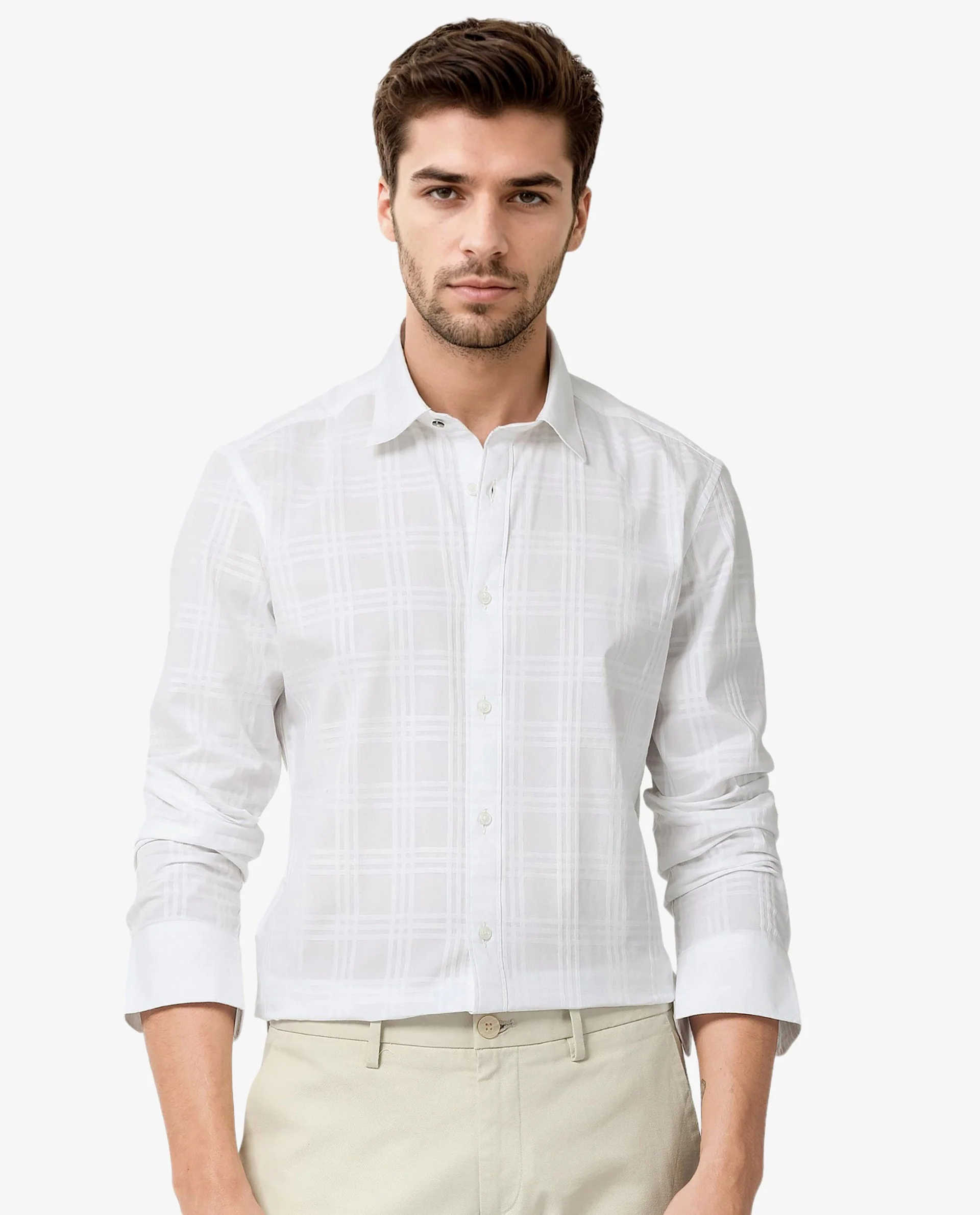 Rare Rabbit Men's Roar White Cotton Checked Print Regular Fit Full Sleeve Collared Shirt