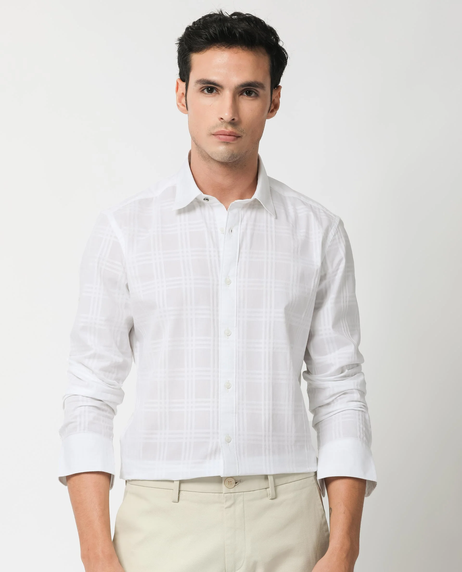 Rare Rabbit Men's Roar White Cotton Checked Print Regular Fit Full Sleeve Collared Shirt - Image 4