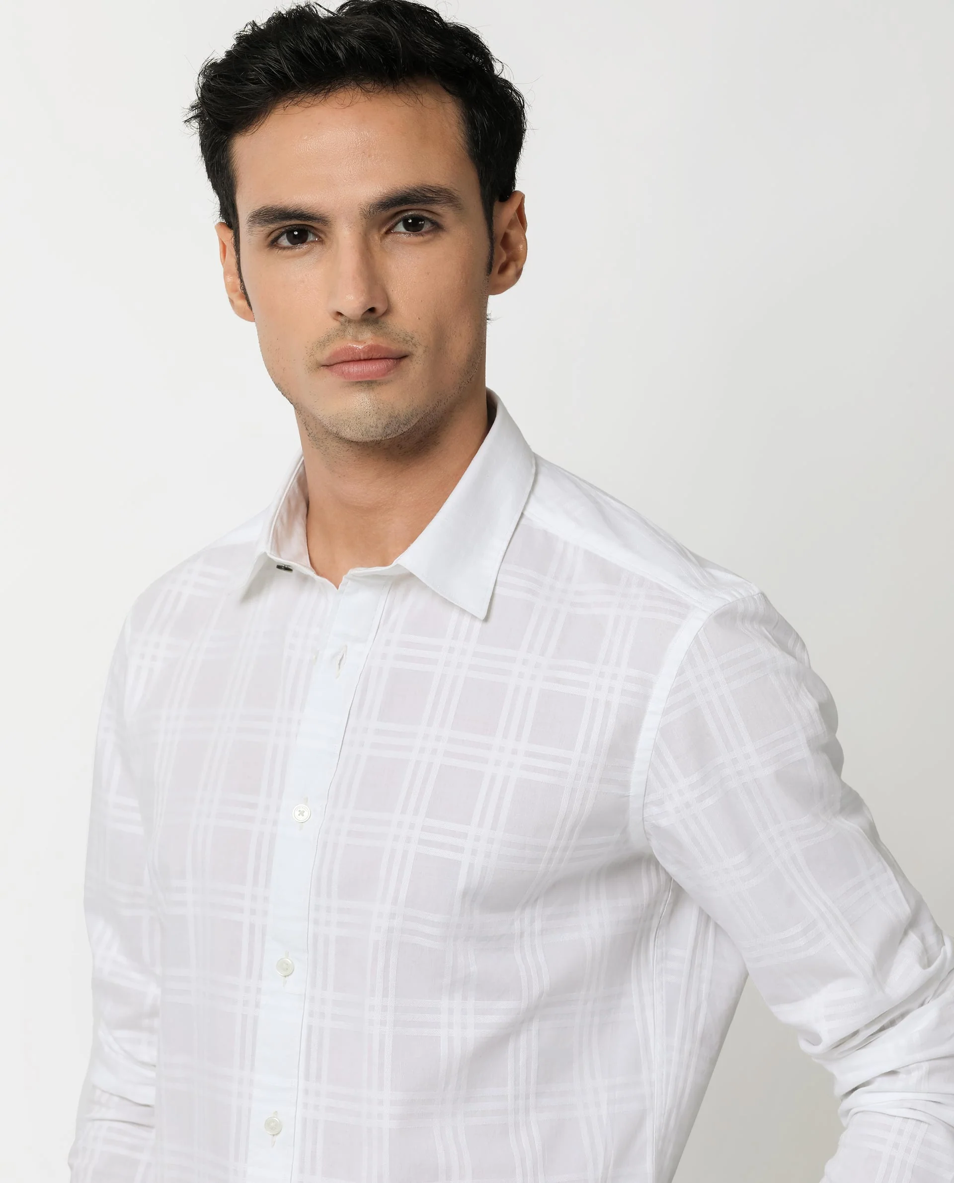 Rare Rabbit Men's Roar White Cotton Checked Print Regular Fit Full Sleeve Collared Shirt - Image 5