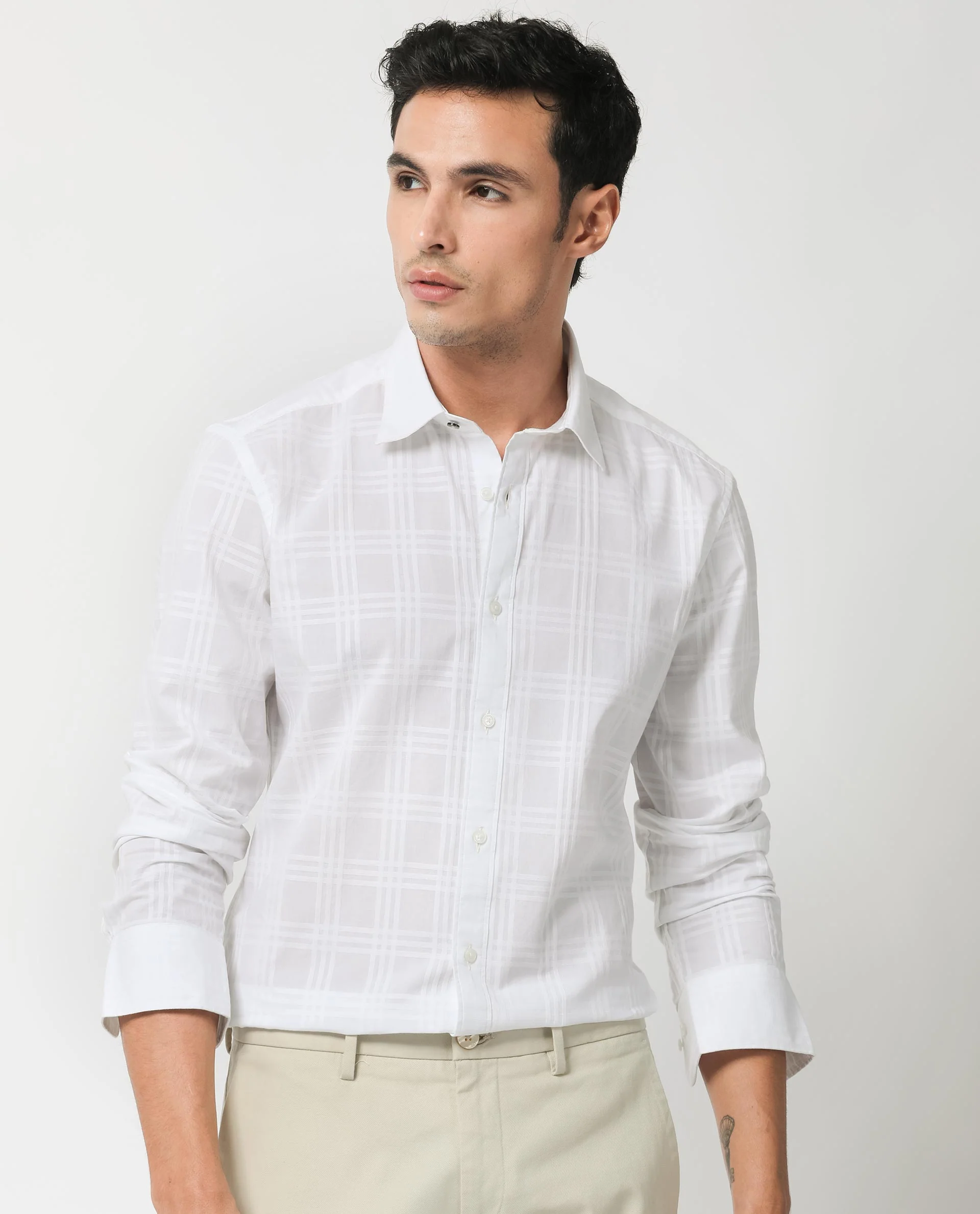 Rare Rabbit Men's Roar White Cotton Checked Print Regular Fit Full Sleeve Collared Shirt - Image 9