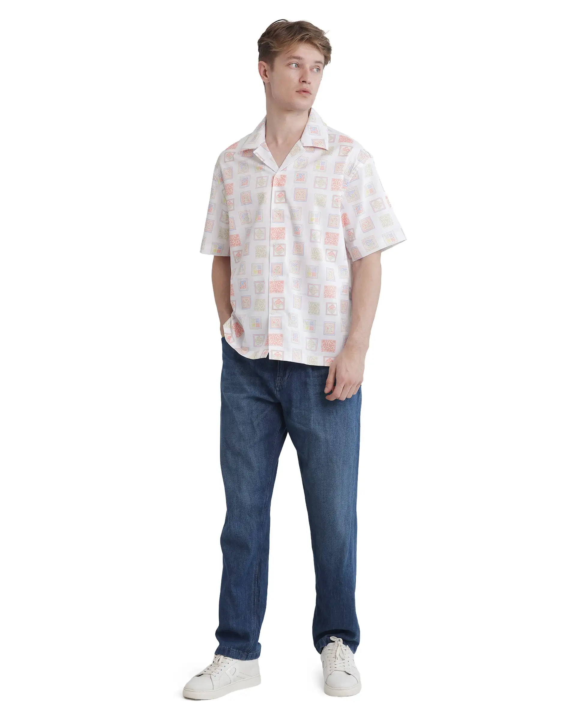 Rare Rabbit Men's Roaz White Cotton Stamp Print Boxy Fit Half Sleeve Cuban Collar Shirt - Image 2