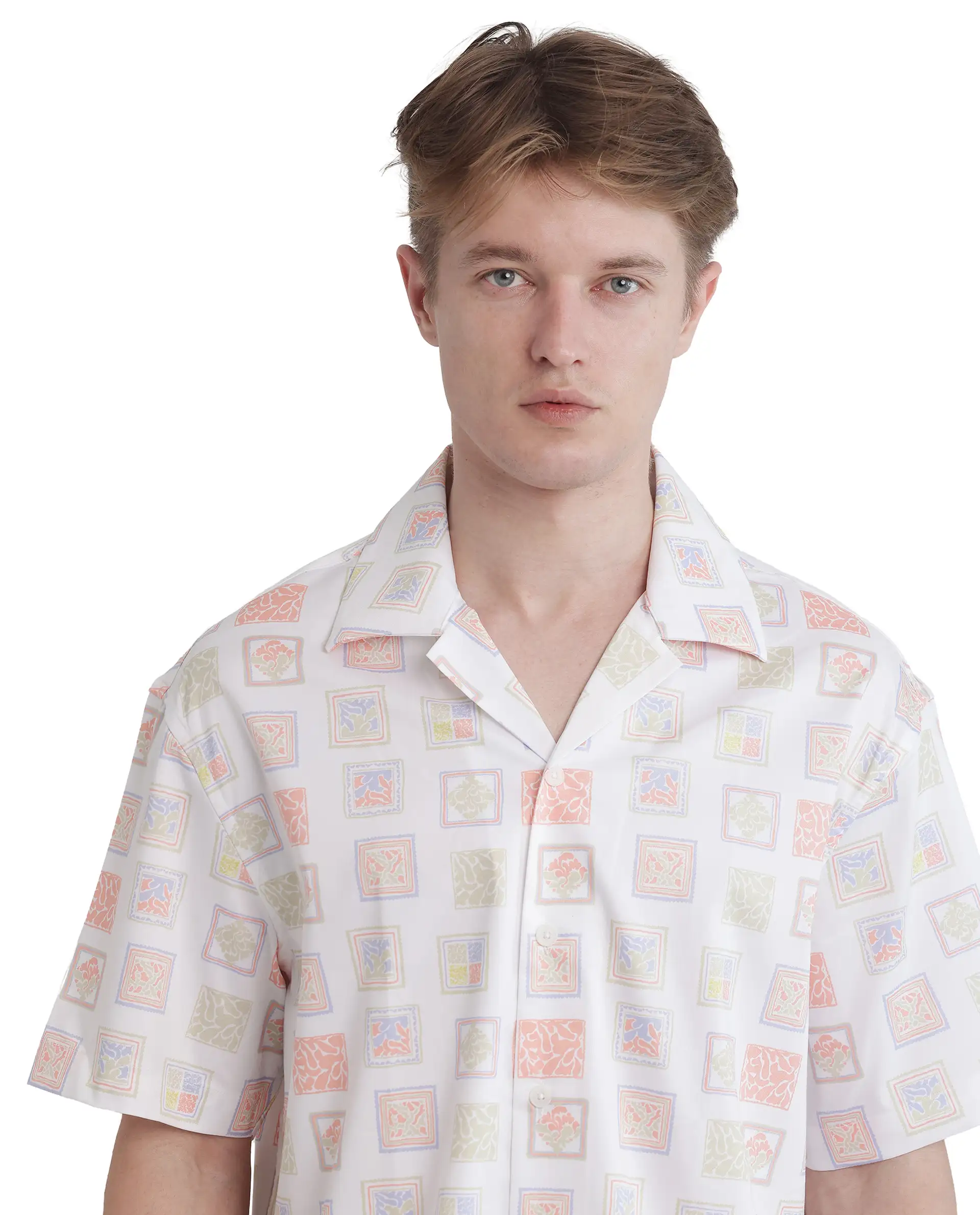Rare Rabbit Men's Roaz White Cotton Stamp Print Boxy Fit Half Sleeve Cuban Collar Shirt - Image 3