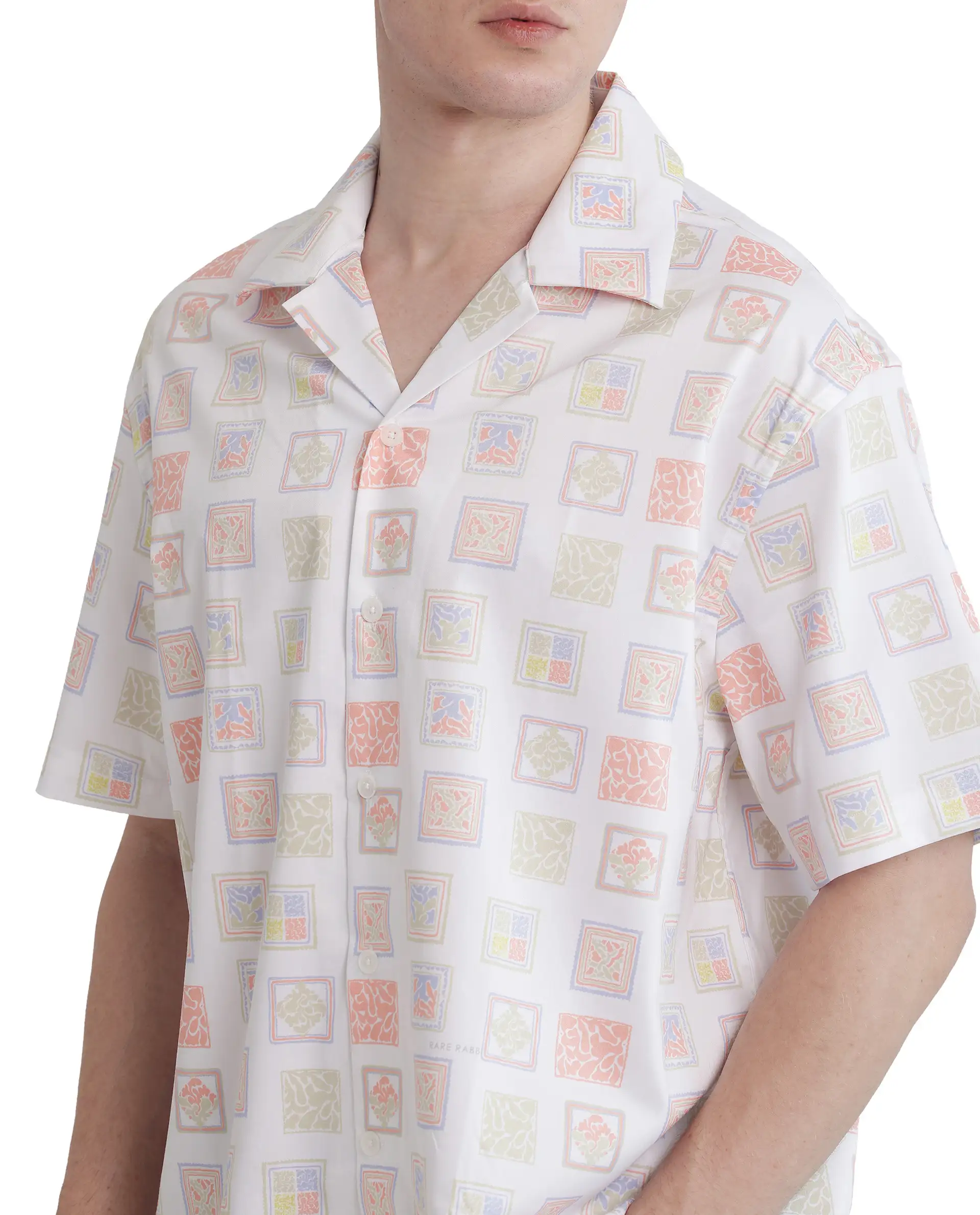 Rare Rabbit Men's Roaz White Cotton Stamp Print Boxy Fit Half Sleeve Cuban Collar Shirt - Image 4