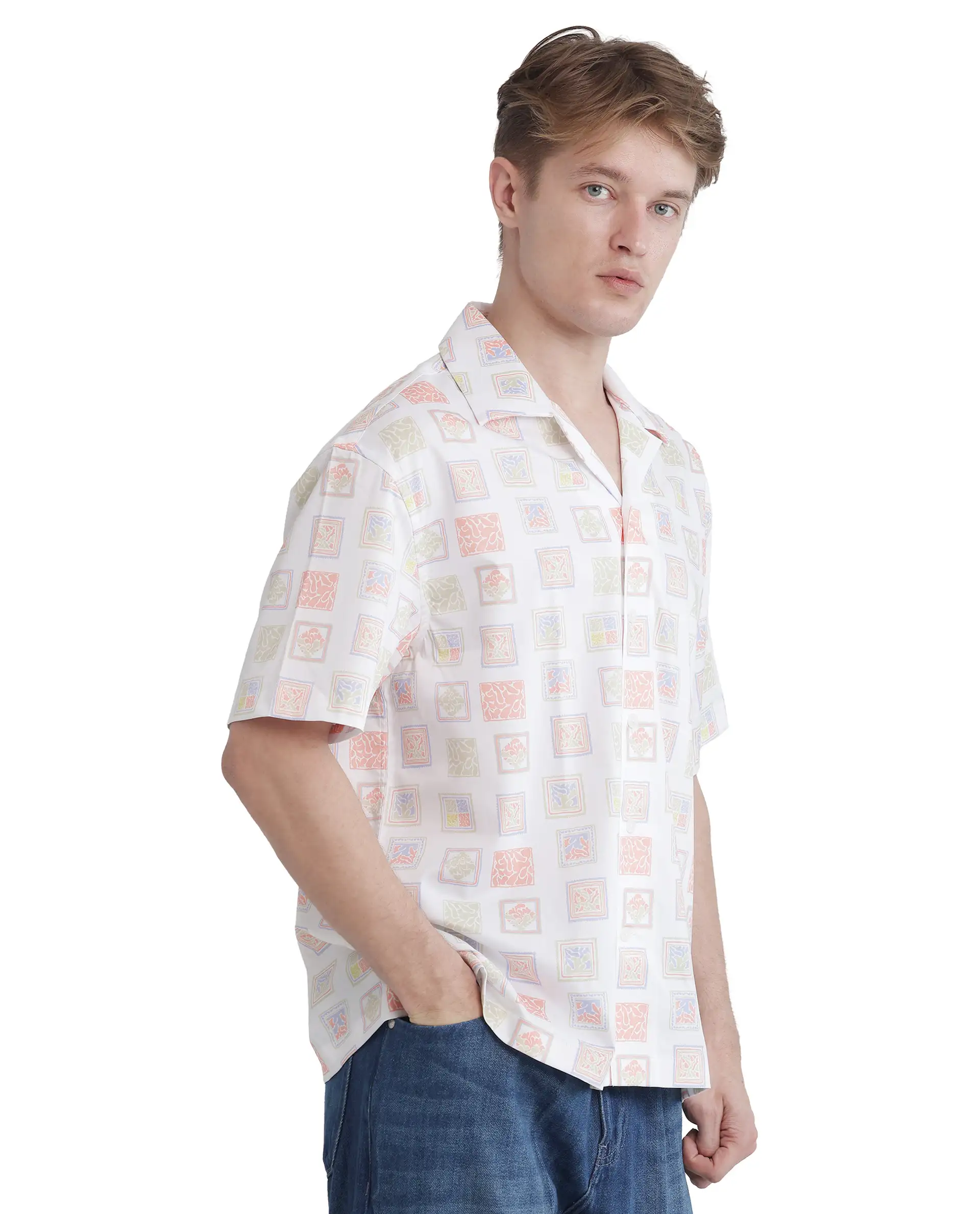 Rare Rabbit Men's Roaz White Cotton Stamp Print Boxy Fit Half Sleeve Cuban Collar Shirt - Image 5