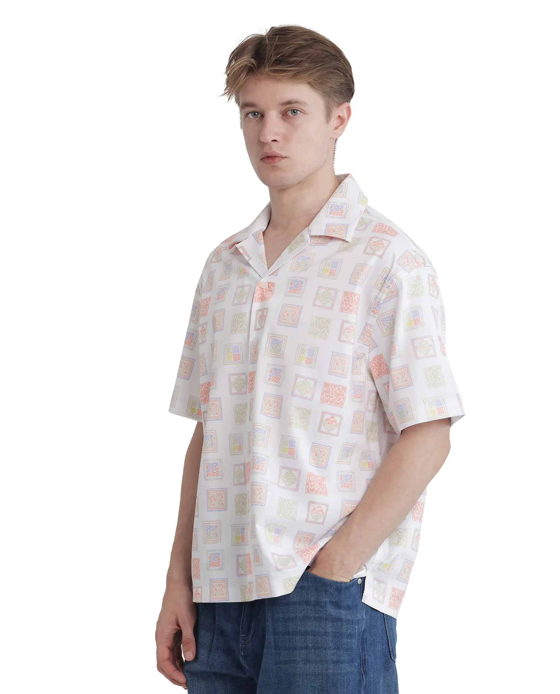 Rare Rabbit Men's Roaz White Cotton Stamp Print Boxy Fit Half Sleeve Cuban Collar Shirt - Image 6
