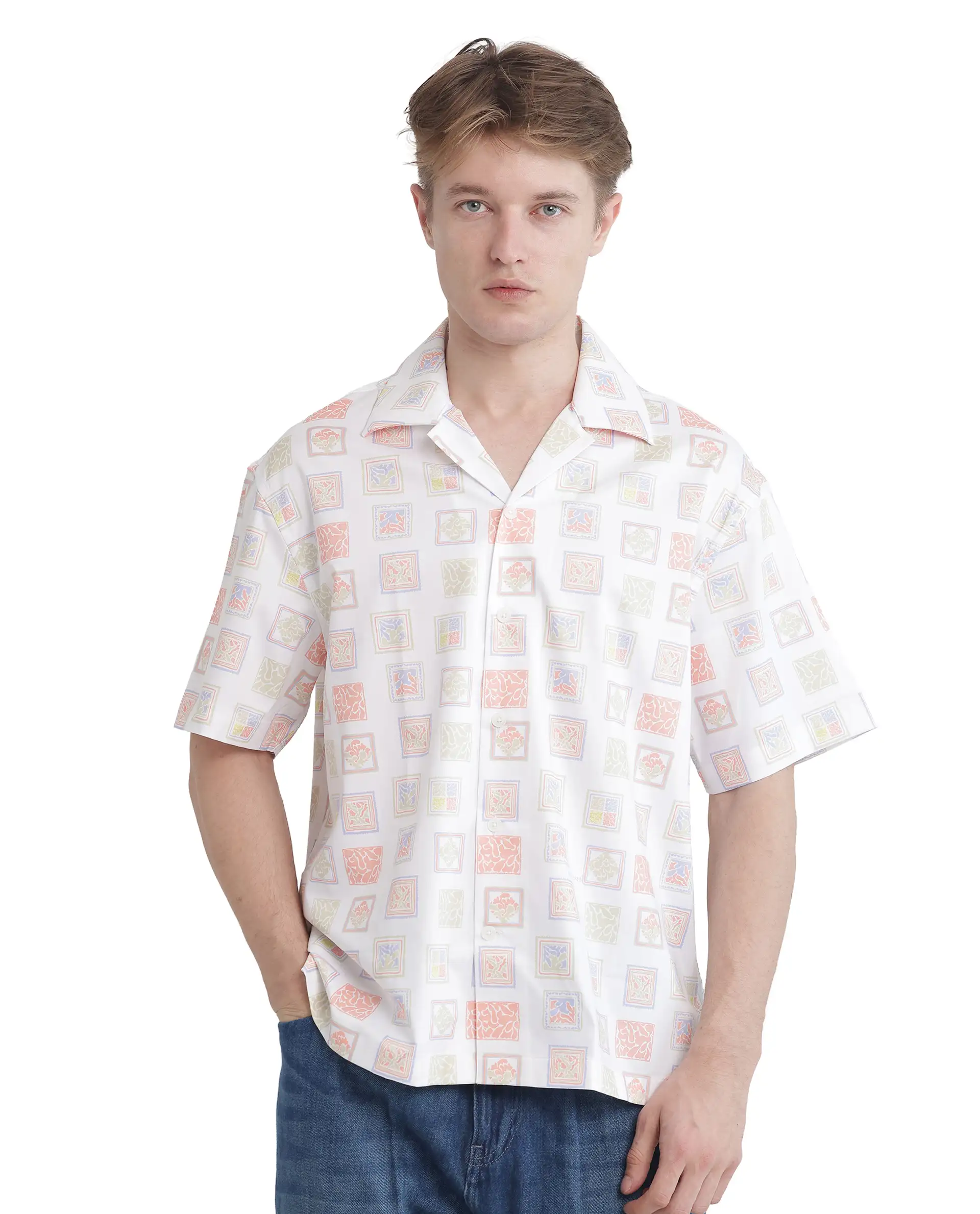 Rare Rabbit Men's Roaz White Cotton Stamp Print Boxy Fit Half Sleeve Cuban Collar Shirt - Image 7