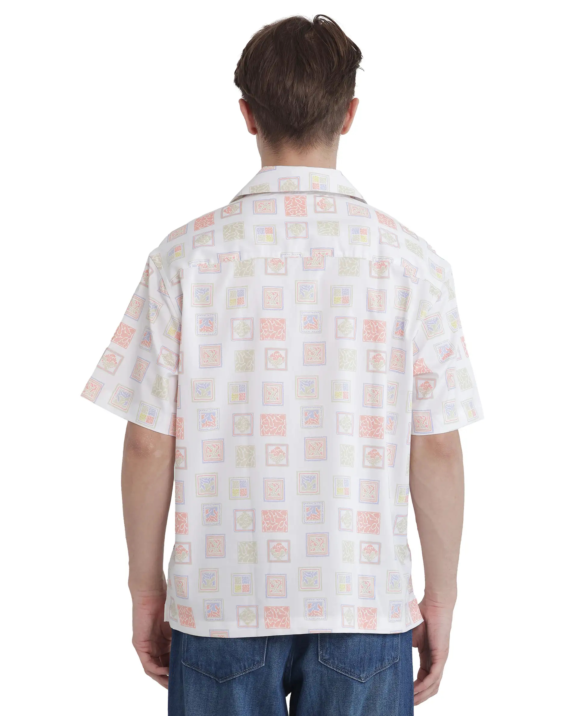 Rare Rabbit Men's Roaz White Cotton Stamp Print Boxy Fit Half Sleeve Cuban Collar Shirt - Image 8