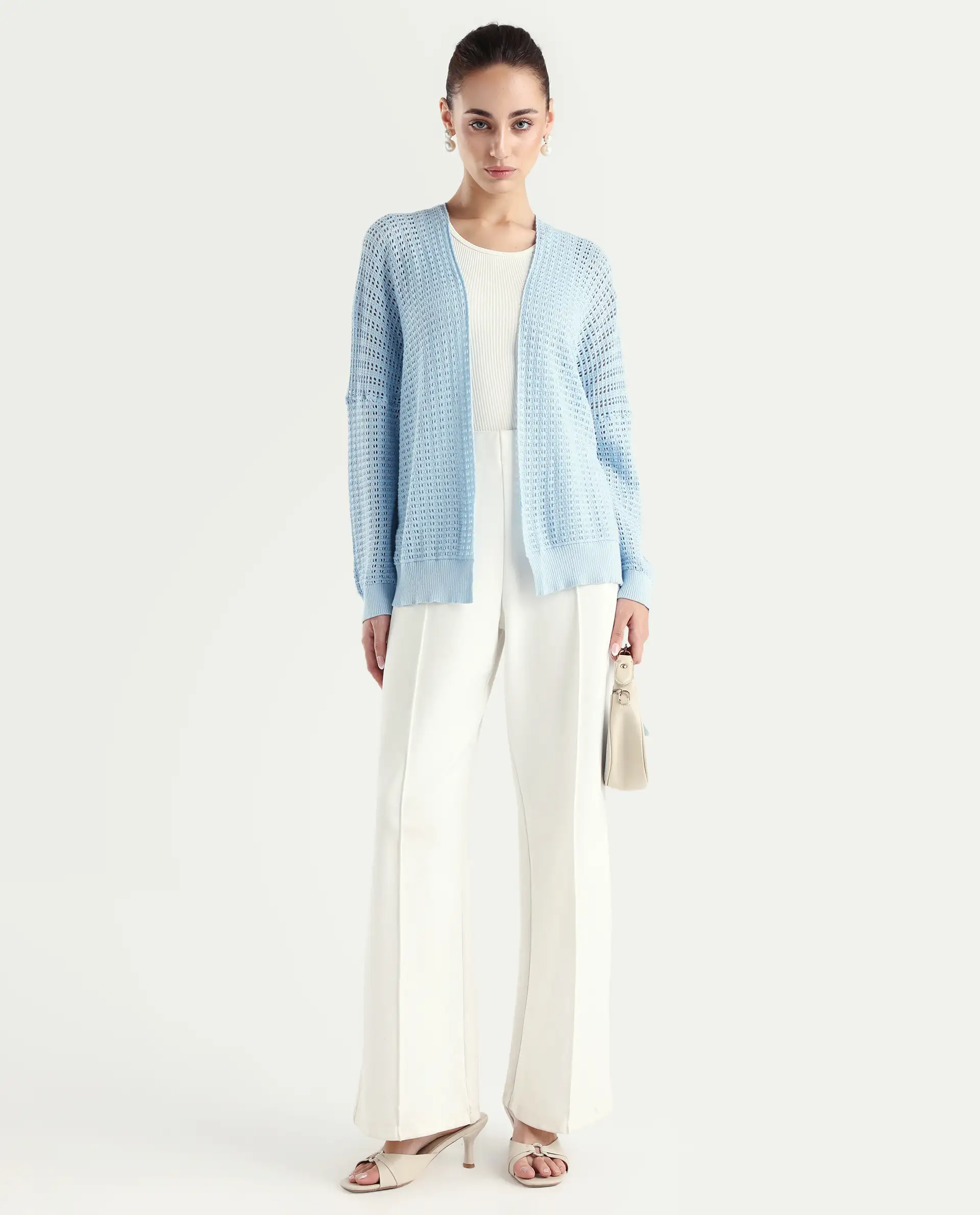 Rareism Women's Roba Light Blue Cotton Plain Relaxed Fit Shrug - Image 2