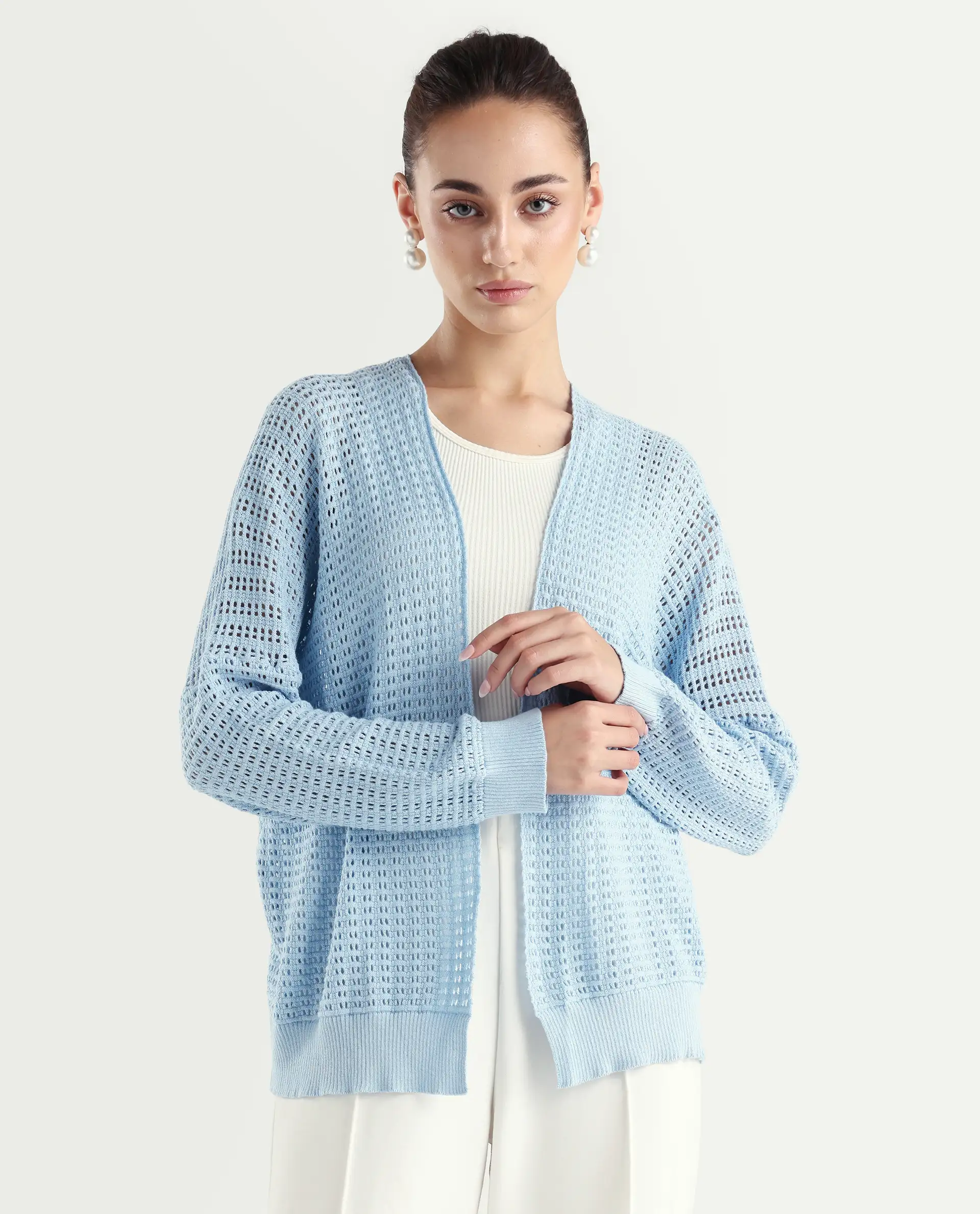 Rareism Women's Roba Light Blue Cotton Plain Relaxed Fit Shrug - Image 3