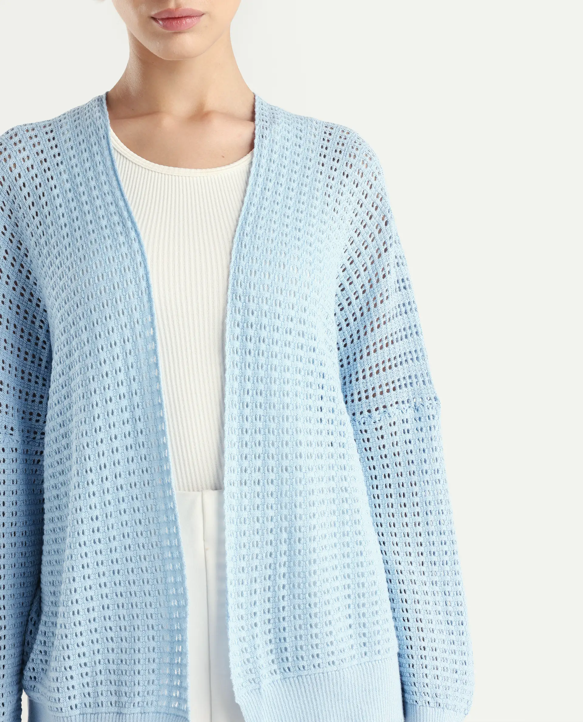Rareism Women's Roba Light Blue Cotton Plain Relaxed Fit Shrug - Image 4