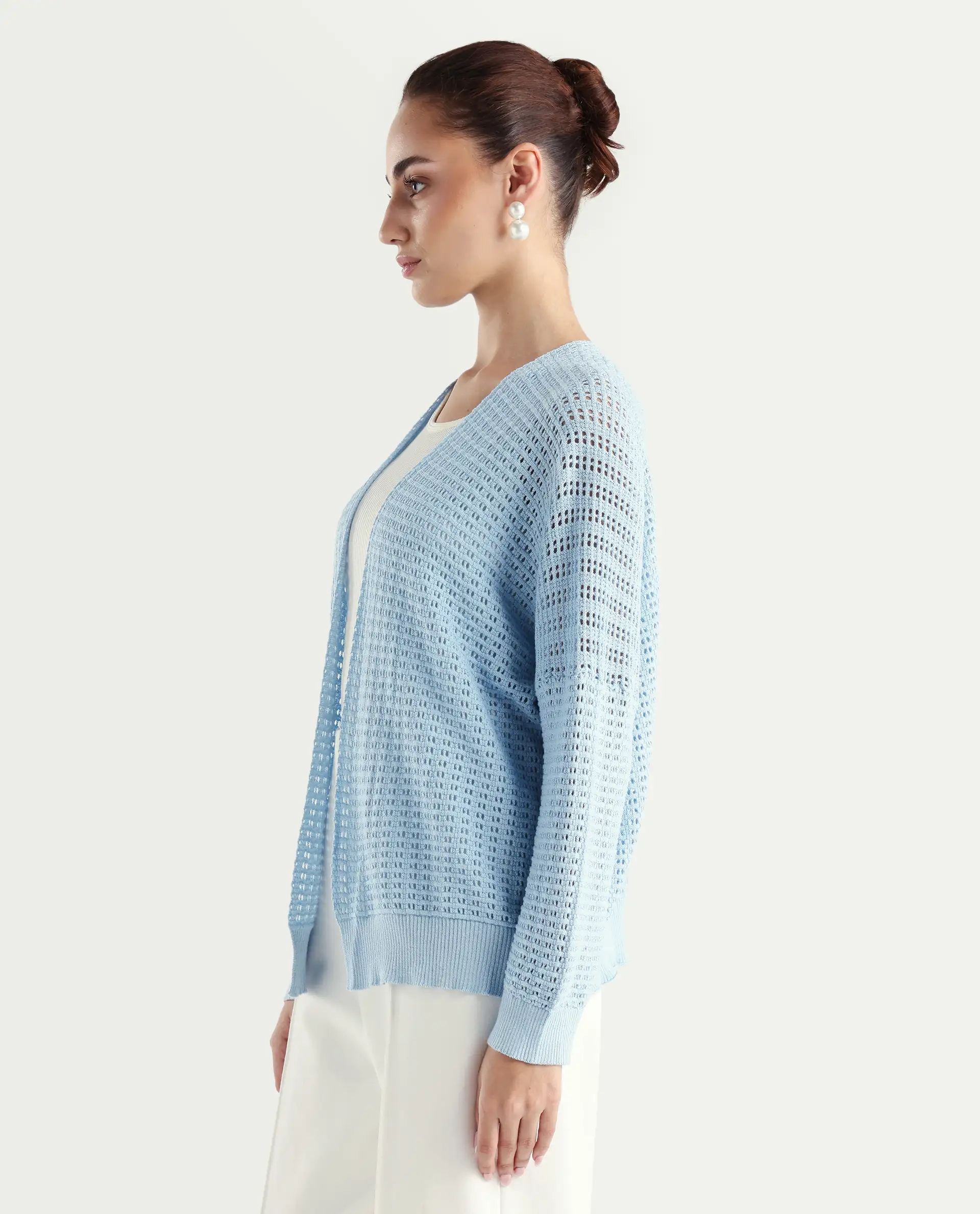 Rareism Women's Roba Light Blue Cotton Plain Relaxed Fit Shrug - Image 5
