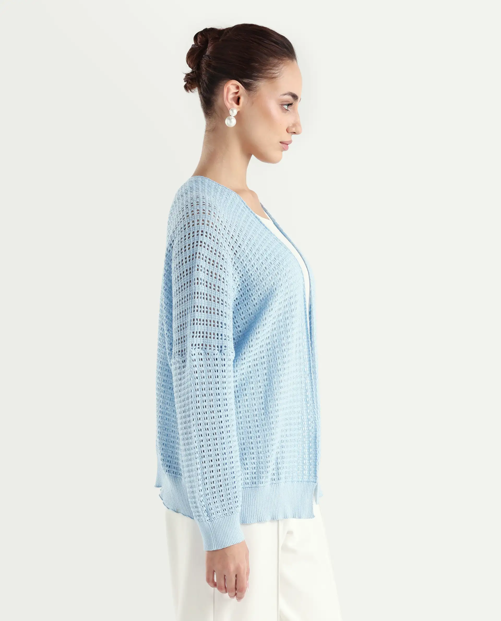 Rareism Women's Roba Light Blue Cotton Plain Relaxed Fit Shrug - Image 6