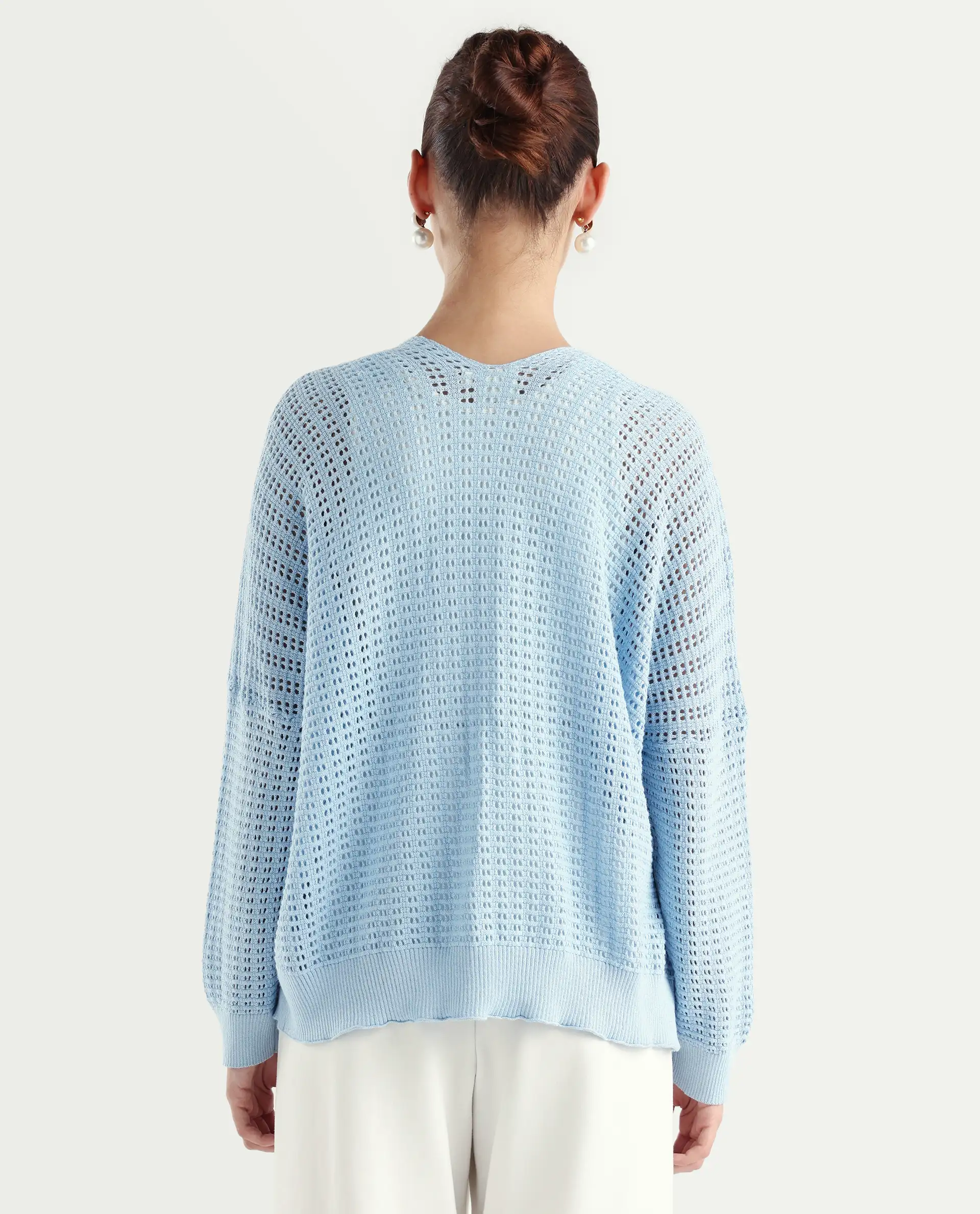 Rareism Women's Roba Light Blue Cotton Plain Relaxed Fit Shrug - Image 7