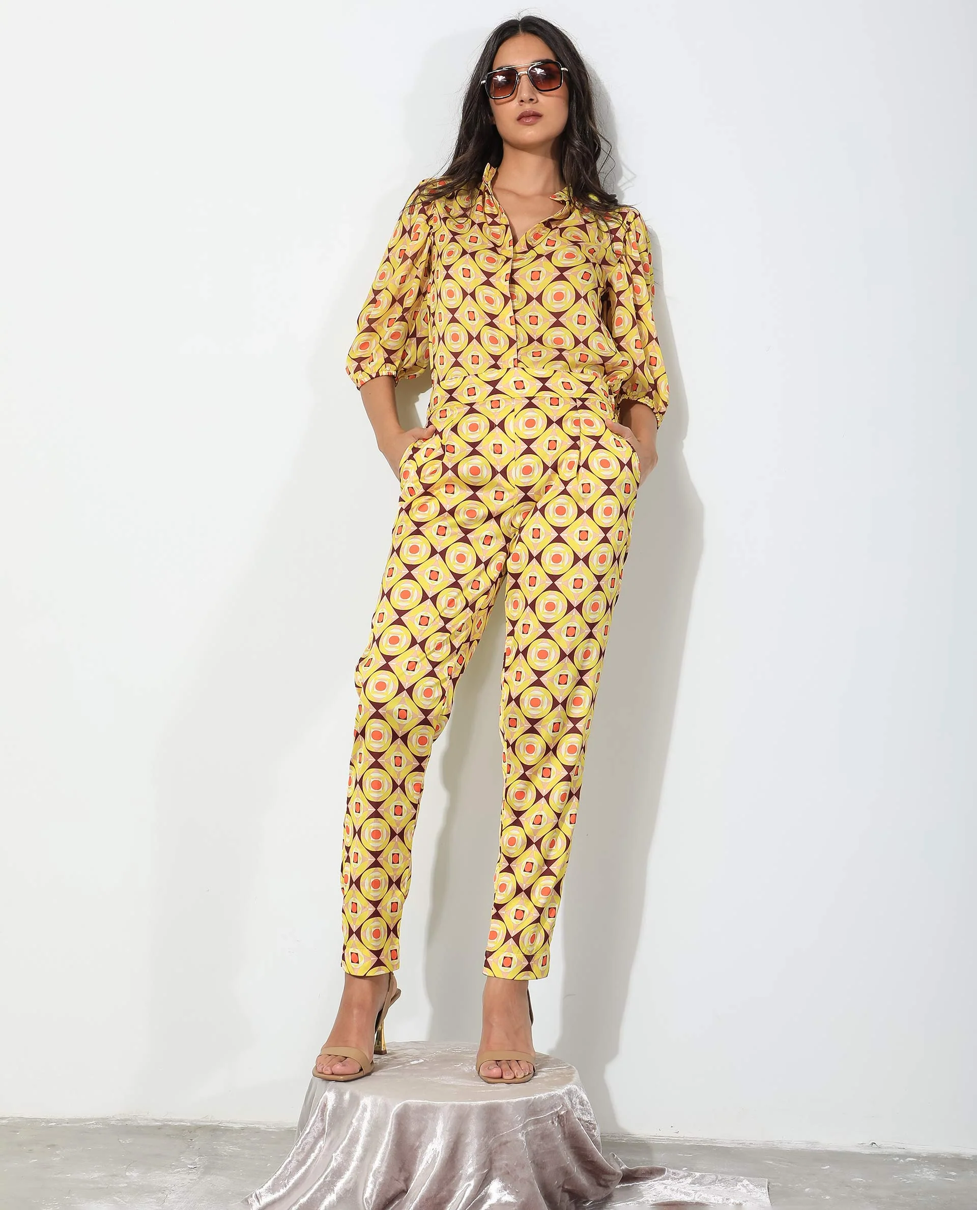 Rareism Women's Robbie Yellow Polyester Geometric Print Ankle Length Regular Fit Trouser - Image 3