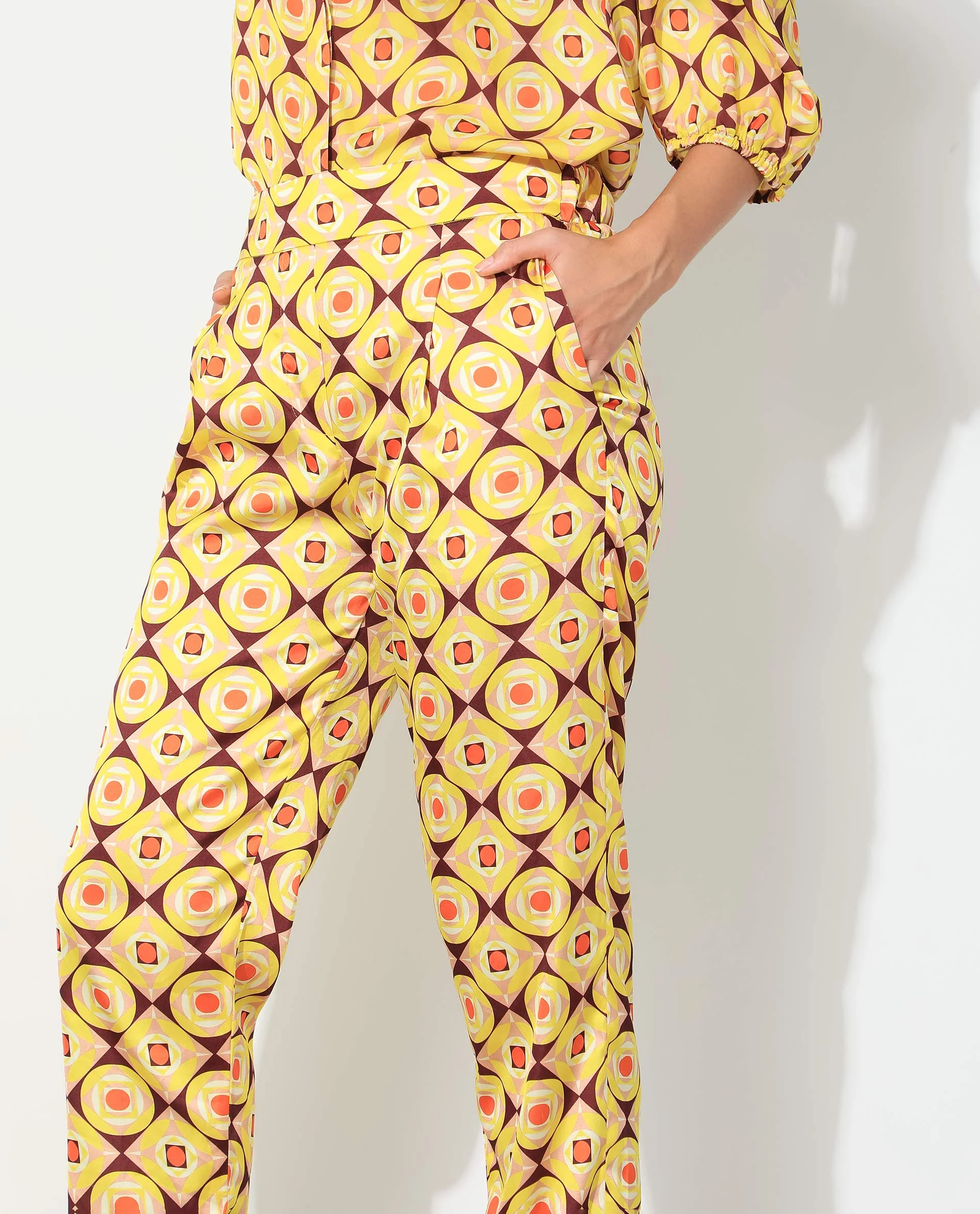 Rareism Women's Robbie Yellow Polyester Geometric Print Ankle Length Regular Fit Trouser - Image 4