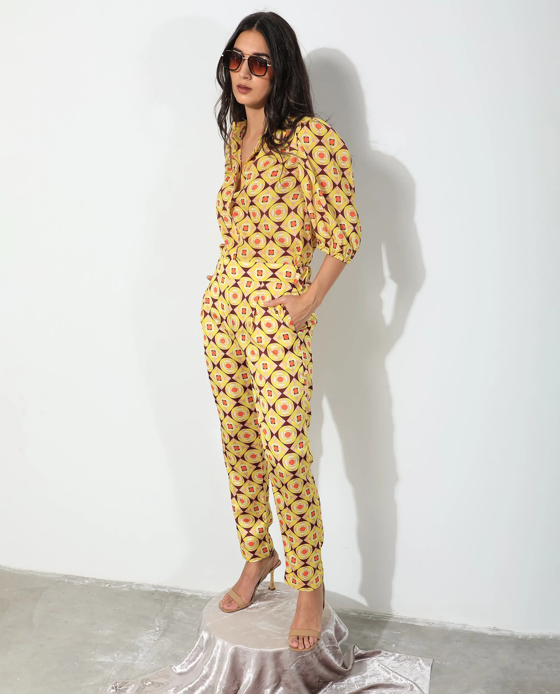 Rareism Women's Robbie Yellow Polyester Geometric Print Ankle Length Regular Fit Trouser - Image 5