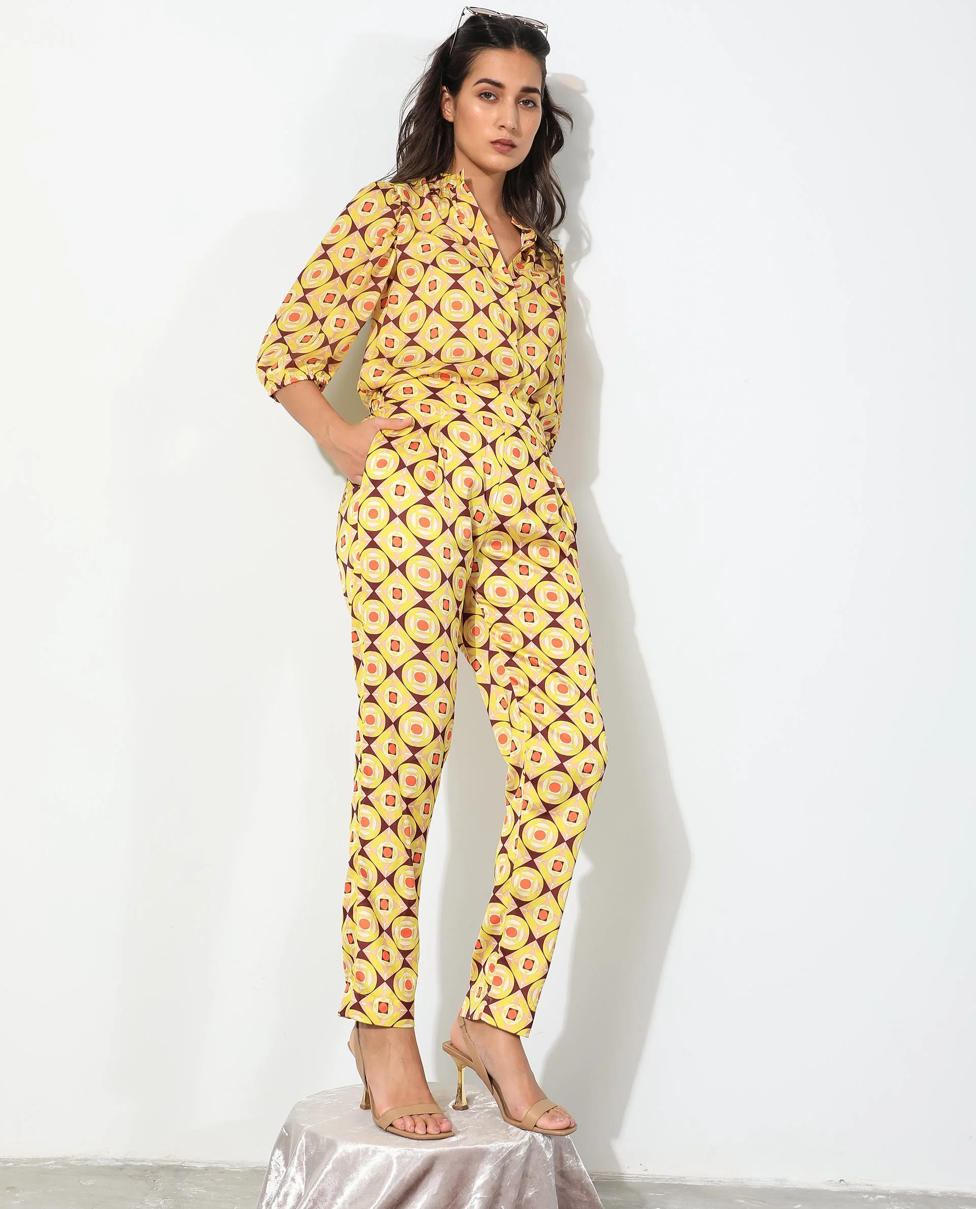 Rareism Women's Robbie Yellow Polyester Geometric Print Ankle Length Regular Fit Trouser - Image 7