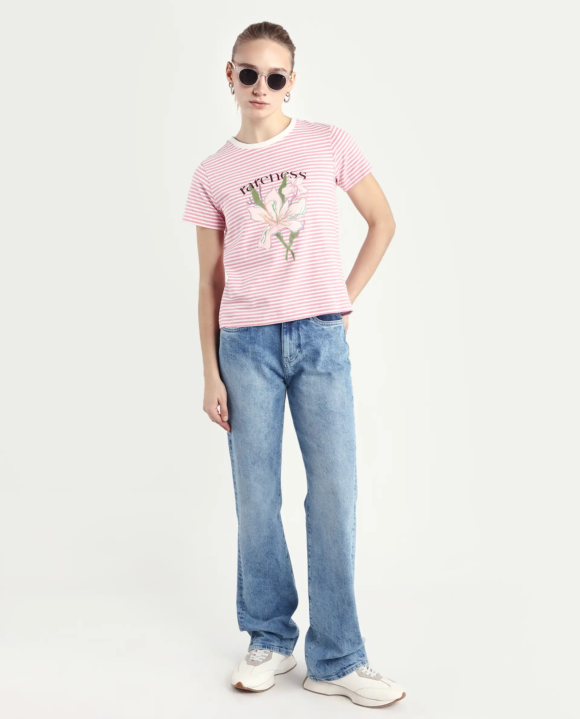 Rareism Women's Robbin Light Pink Cotton Blend Crew Neck Graphic Print Regular Fit T-Shirt - Image 2