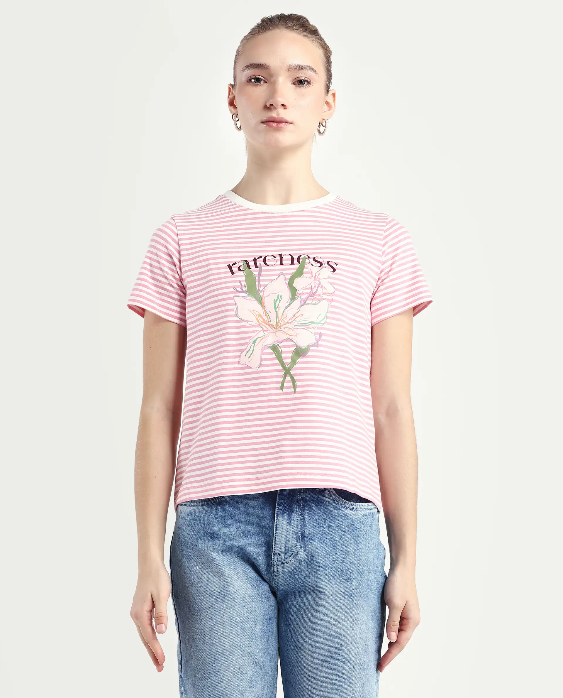 Rareism Women's Robbin Light Pink Cotton Blend Crew Neck Graphic Print Regular Fit T-Shirt - Image 3