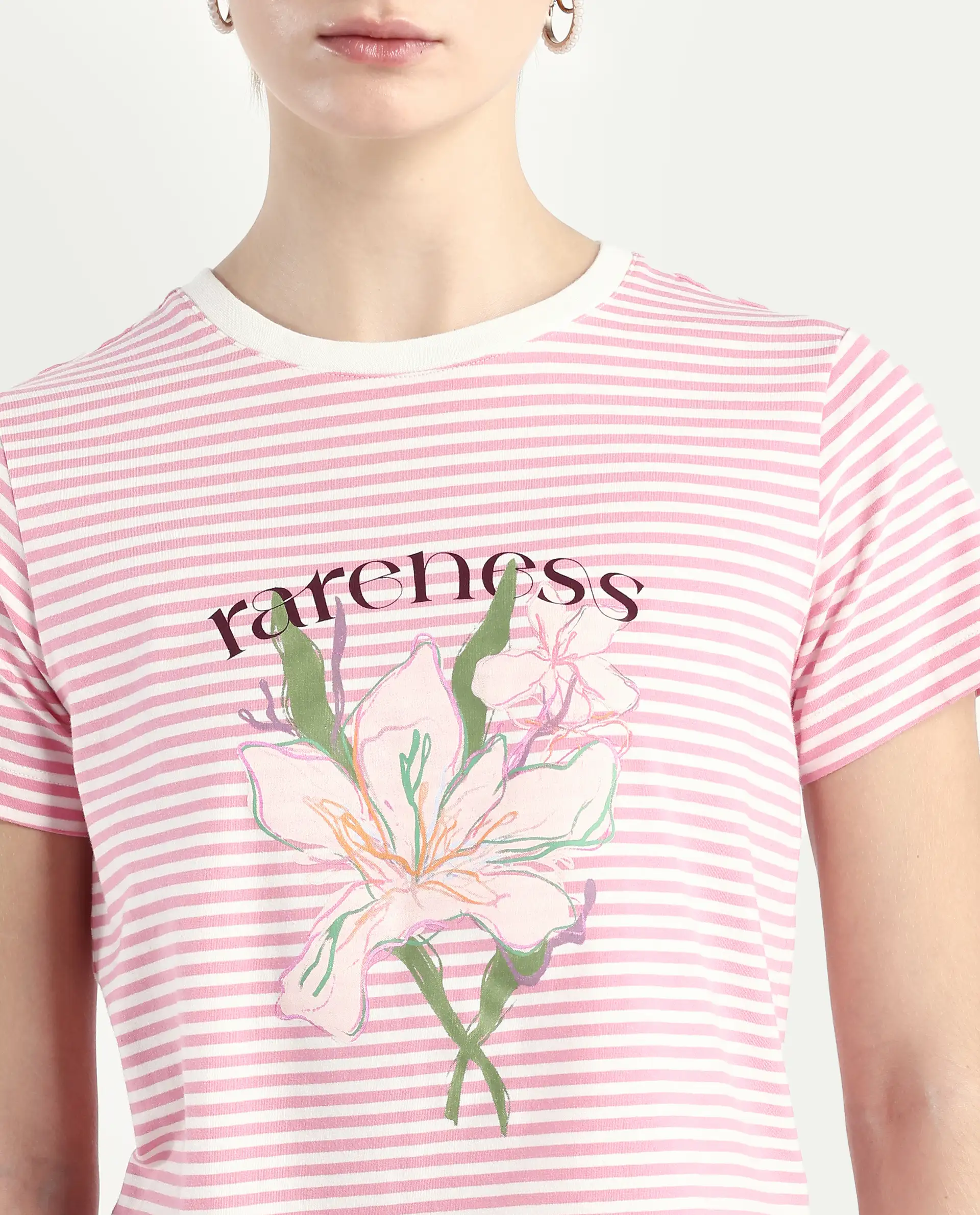 Rareism Women's Robbin Light Pink Cotton Blend Crew Neck Graphic Print Regular Fit T-Shirt - Image 4