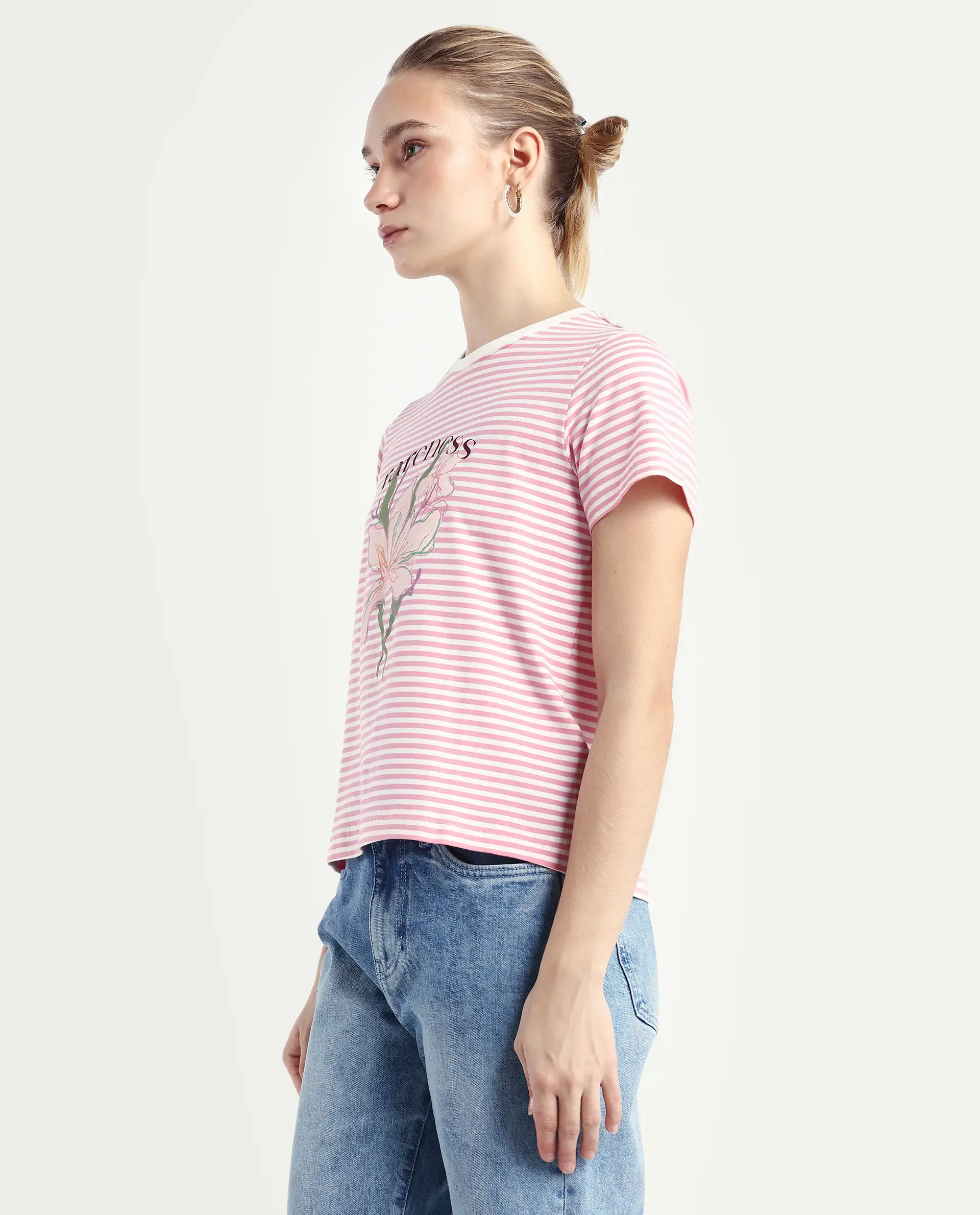 Rareism Women's Robbin Light Pink Cotton Blend Crew Neck Graphic Print Regular Fit T-Shirt - Image 5