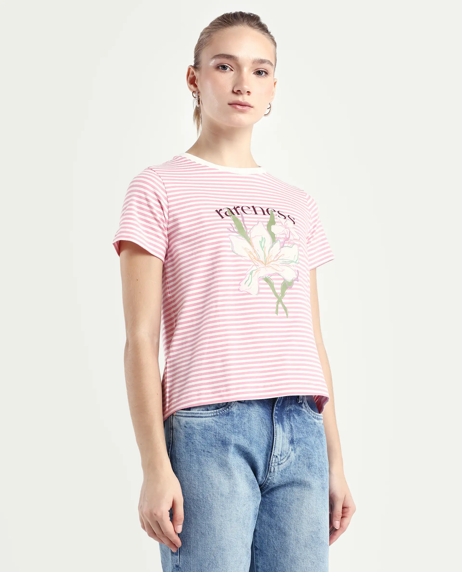 Rareism Women's Robbin Light Pink Cotton Blend Crew Neck Graphic Print Regular Fit T-Shirt - Image 6