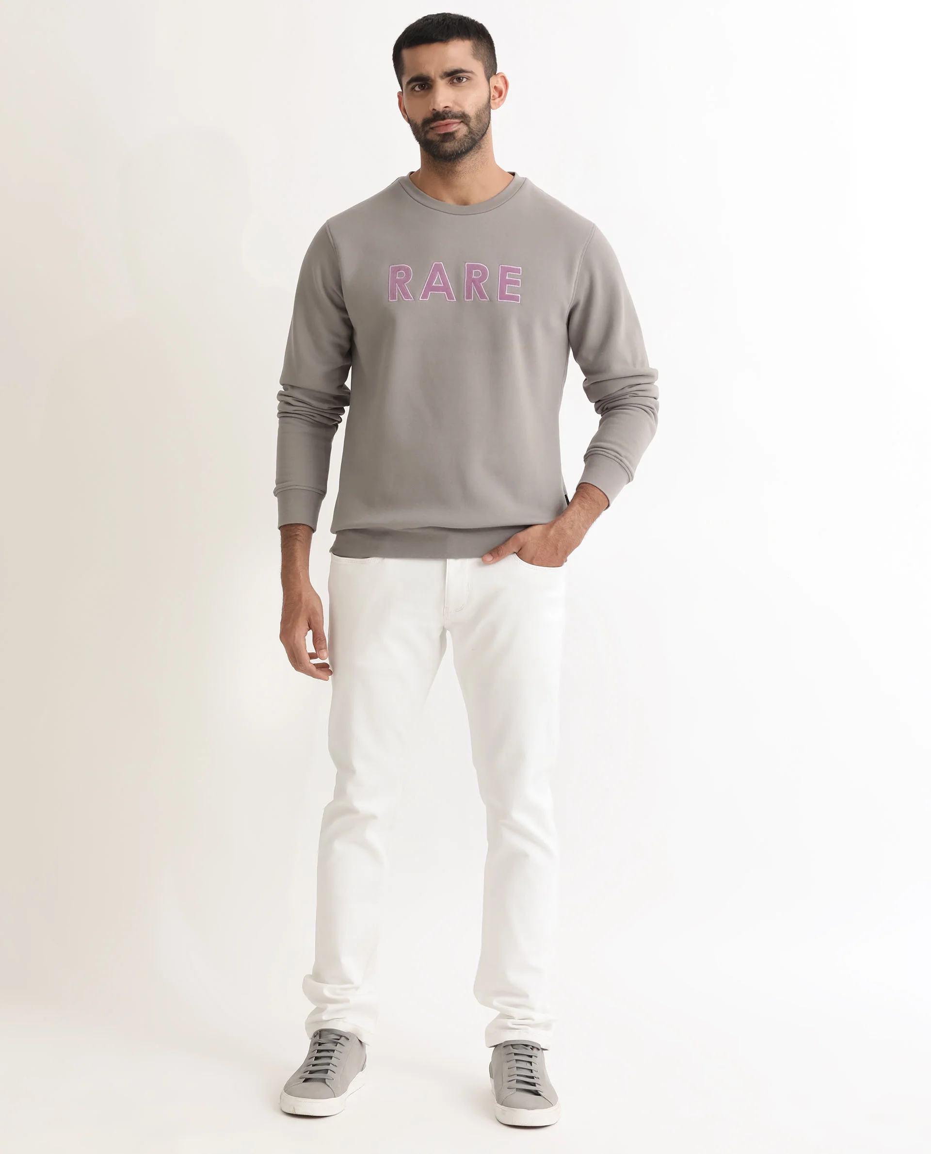 Rare Rabbit Men's Robbs Grey Cotton Graphic Print Relaxed Fit Full Sleeve Crew Neck Sweatshirt - Image 3